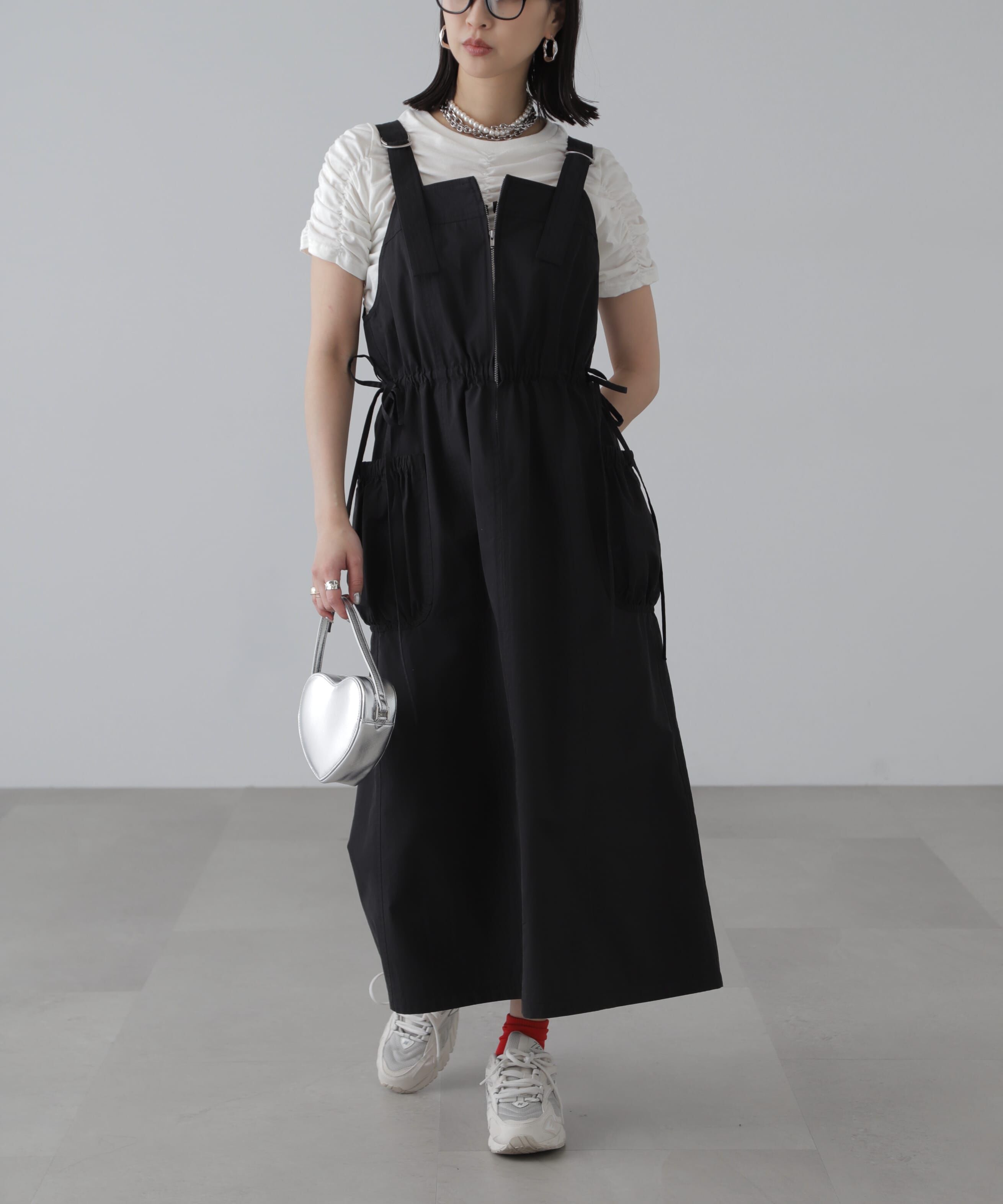  「フロントジップジャンパースカート」|ワンピース|ブラック