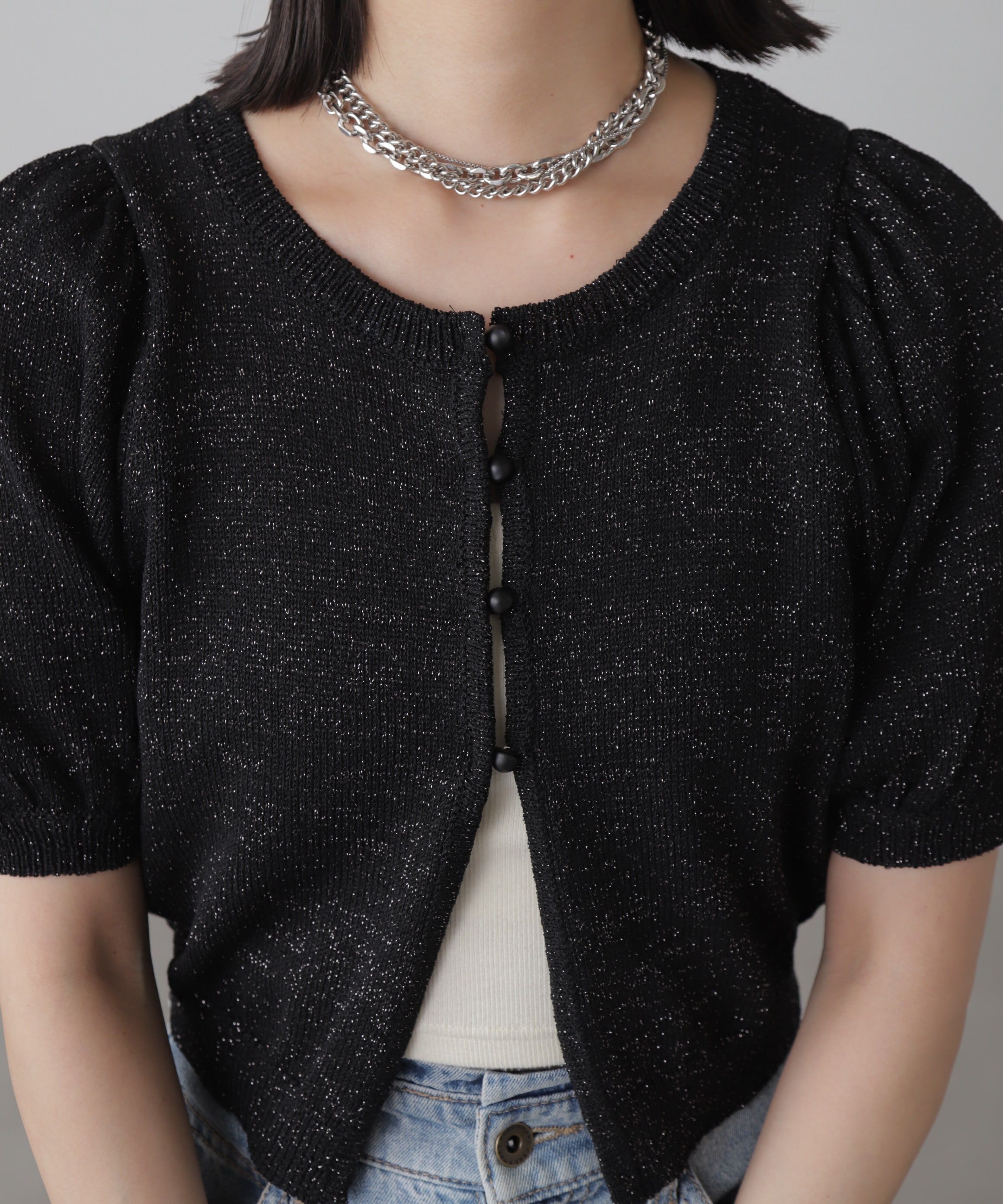  「ラメパフスリーブニットカーディガン」|ニット・セーター|