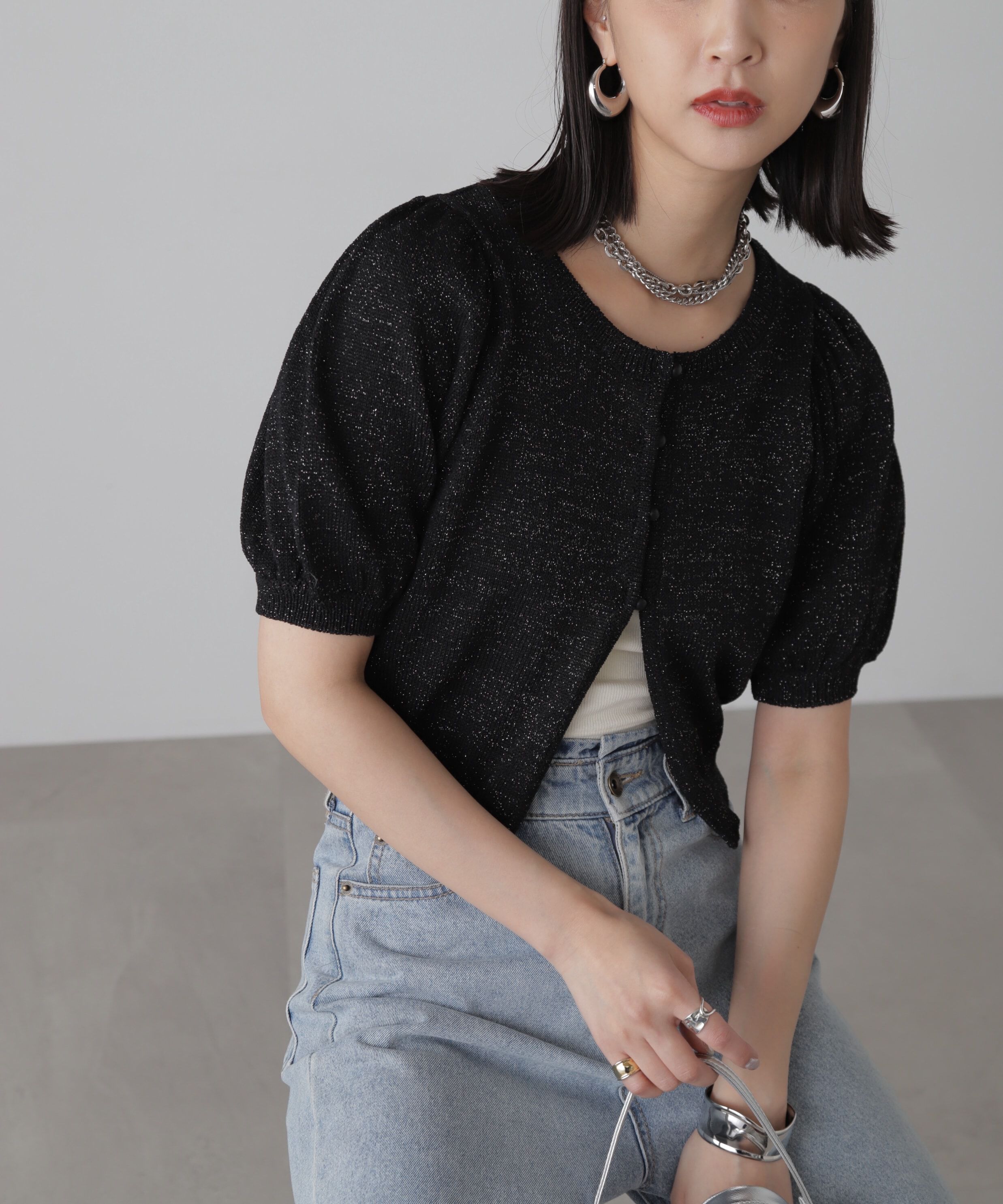  「ラメパフスリーブニットカーディガン」|ニット・セーター|