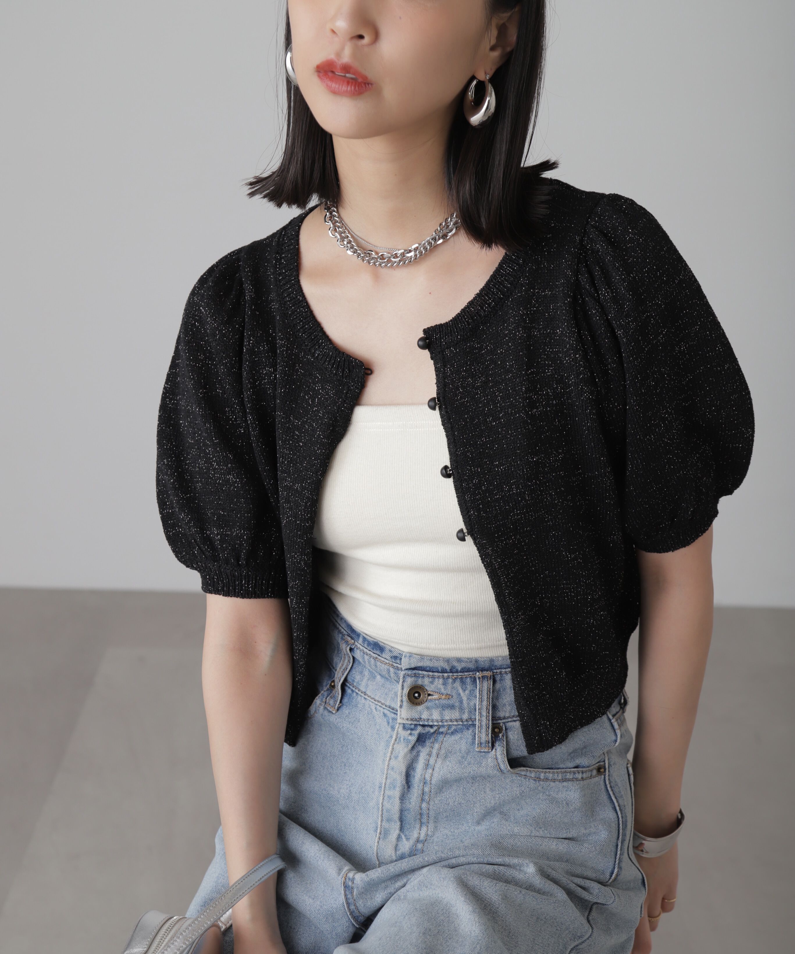  「ラメパフスリーブニットカーディガン」|ニット・セーター|