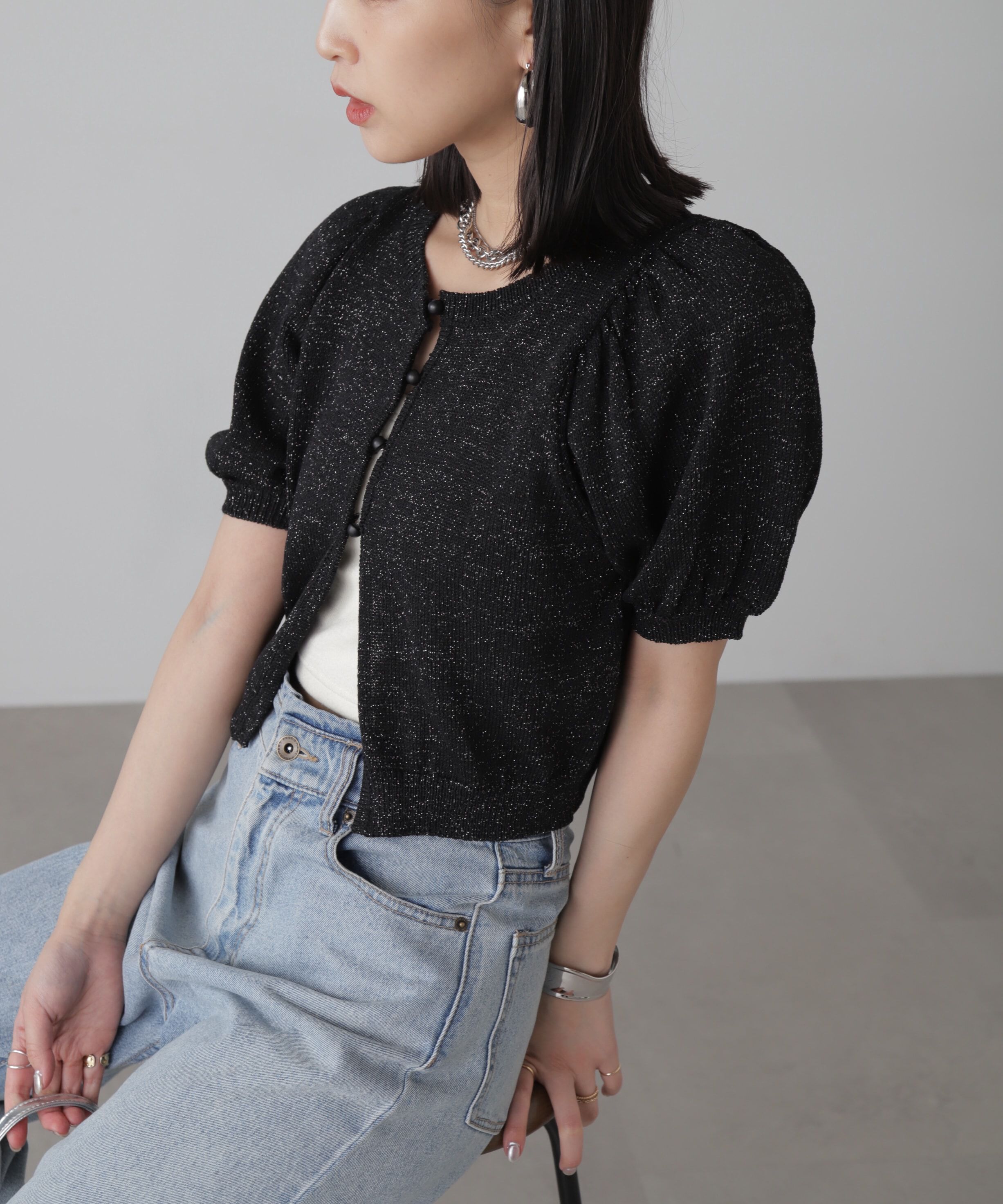  「ラメパフスリーブニットカーディガン」|ニット・セーター|