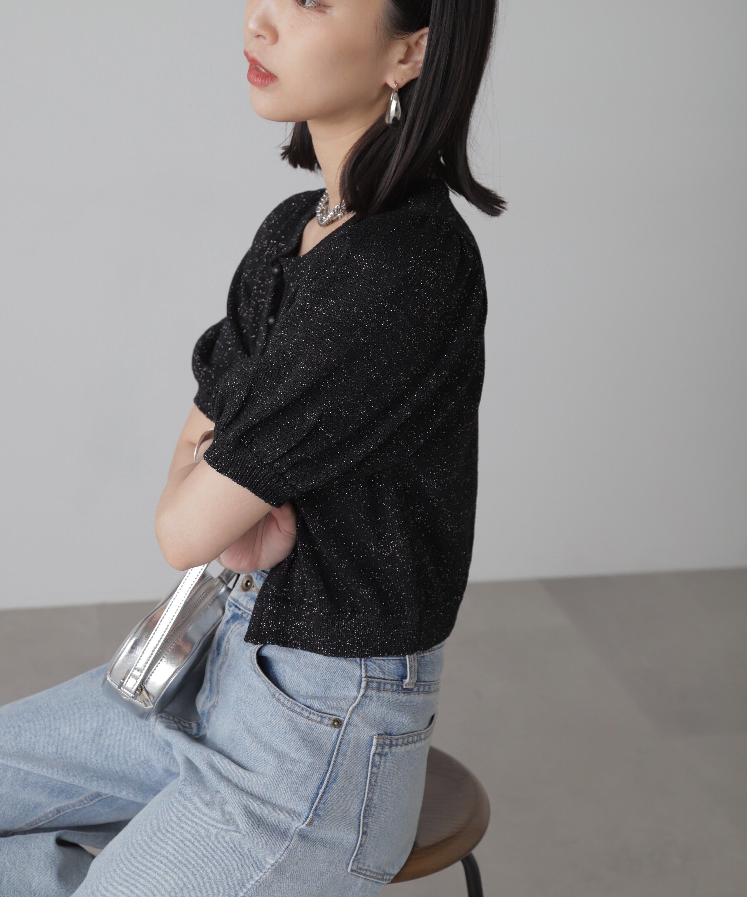  「ラメパフスリーブニットカーディガン」|ニット・セーター|