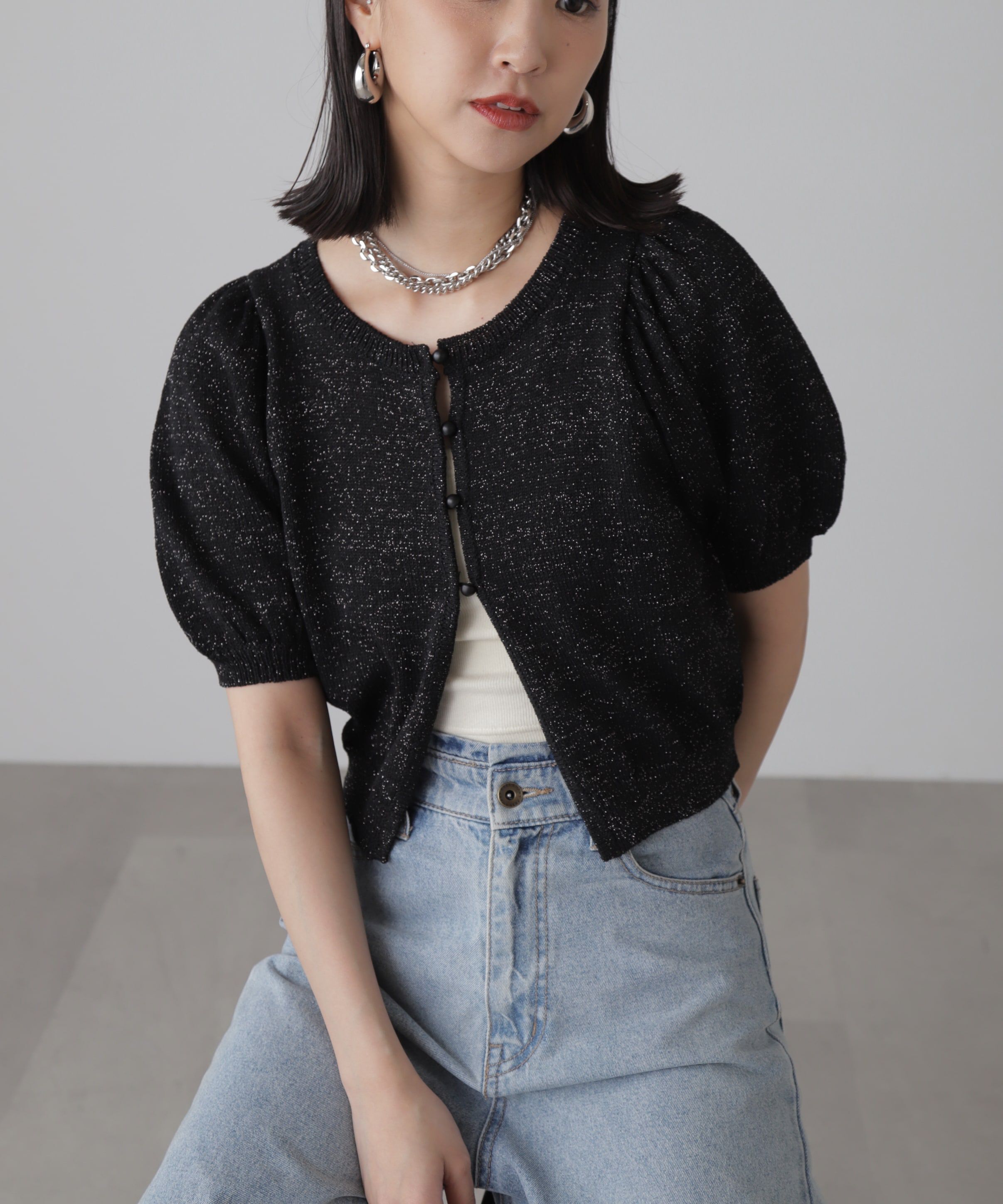  「ラメパフスリーブニットカーディガン」|ニット・セーター|