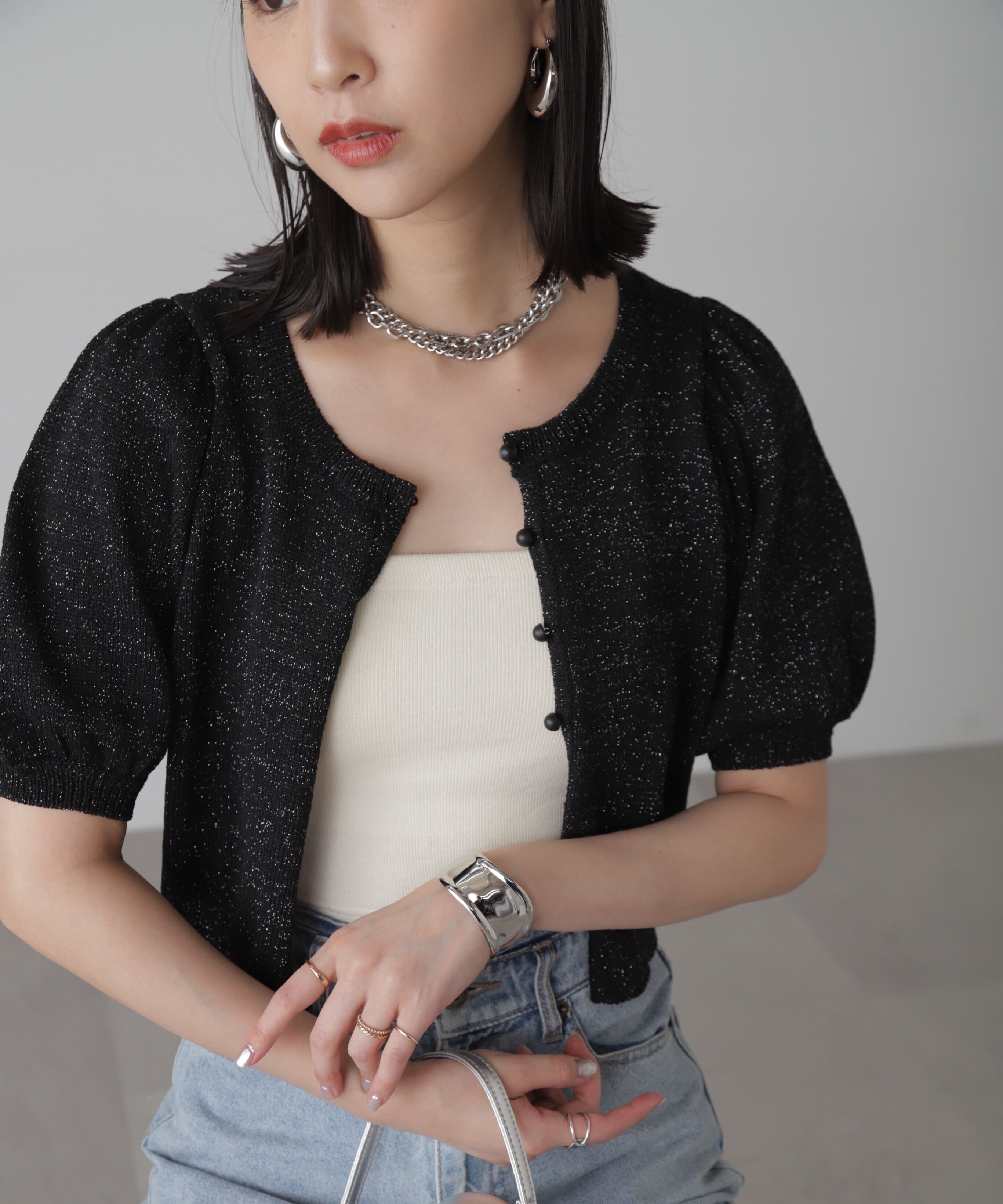  「ラメパフスリーブニットカーディガン」|ニット・セーター|