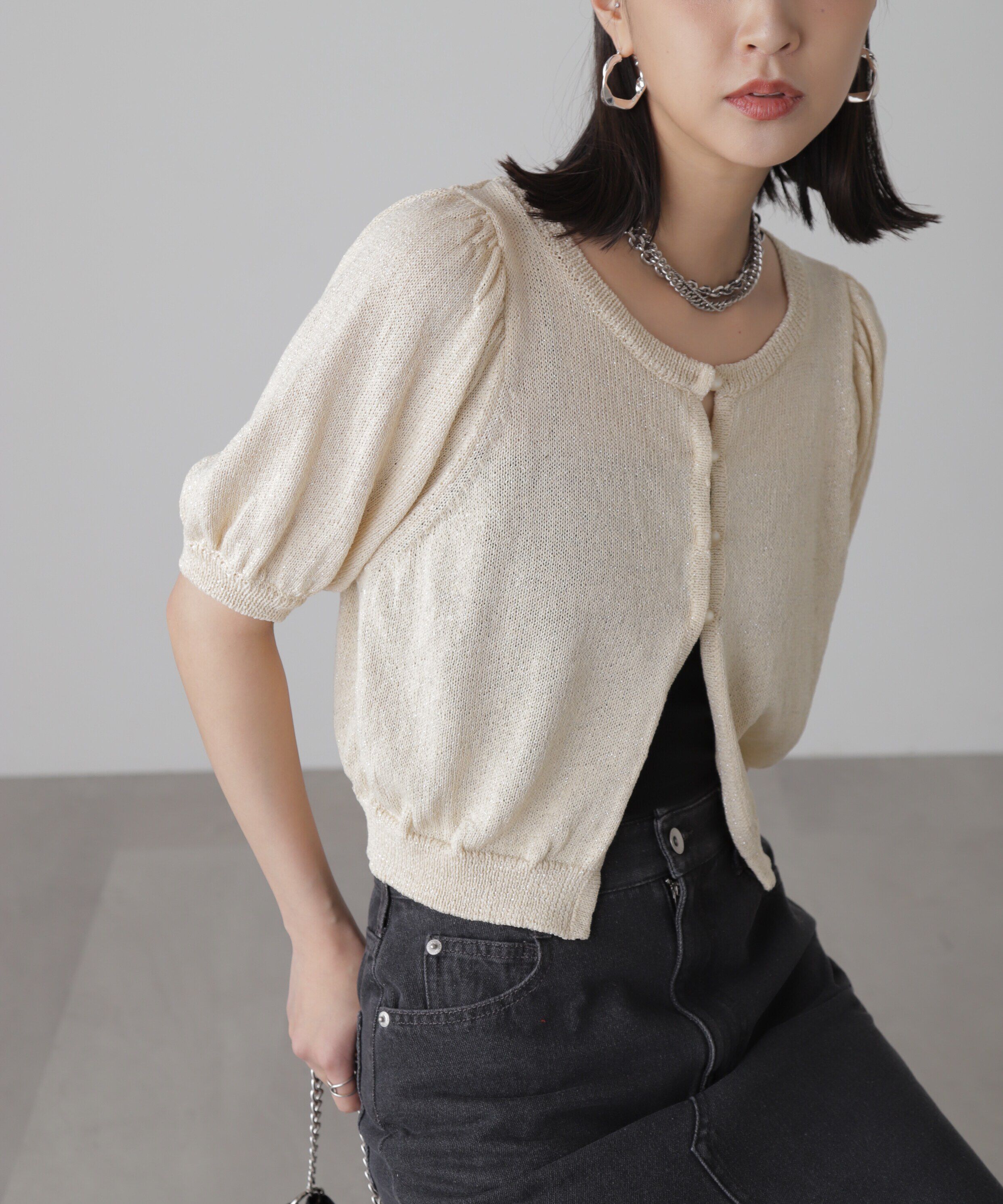  「ラメパフスリーブニットカーディガン」|ニット・セーター|ホワイト