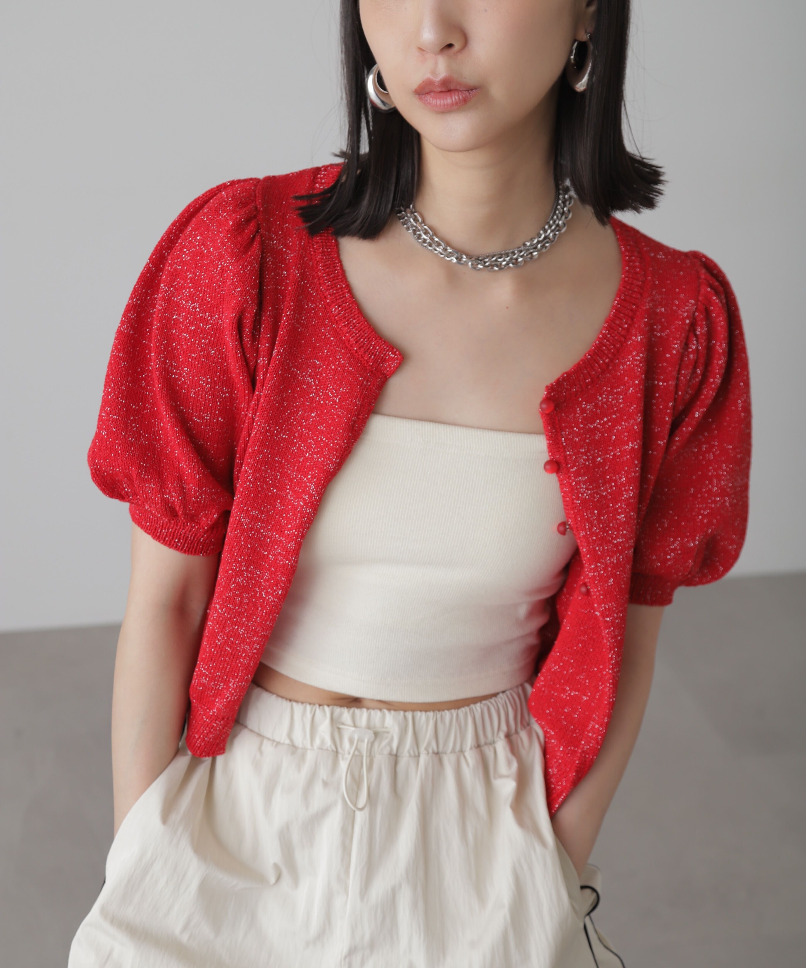  「ラメパフスリーブニットカーディガン」|ニット・セーター|