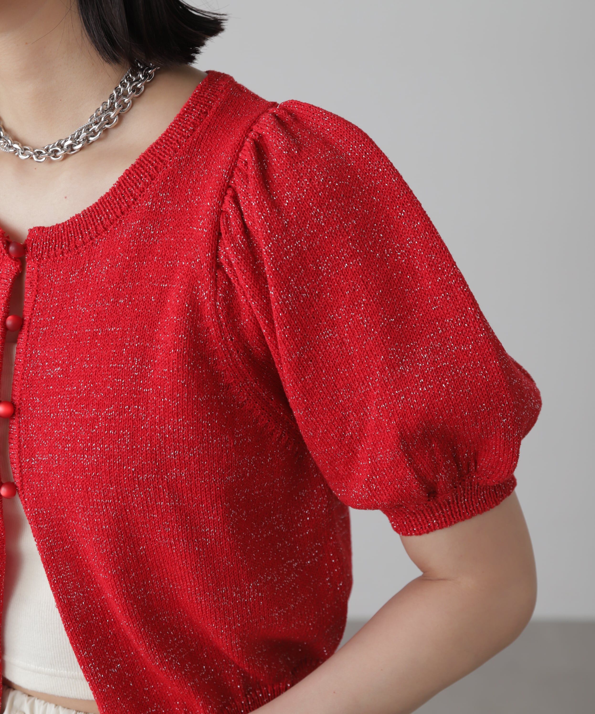  「ラメパフスリーブニットカーディガン」|ニット・セーター|