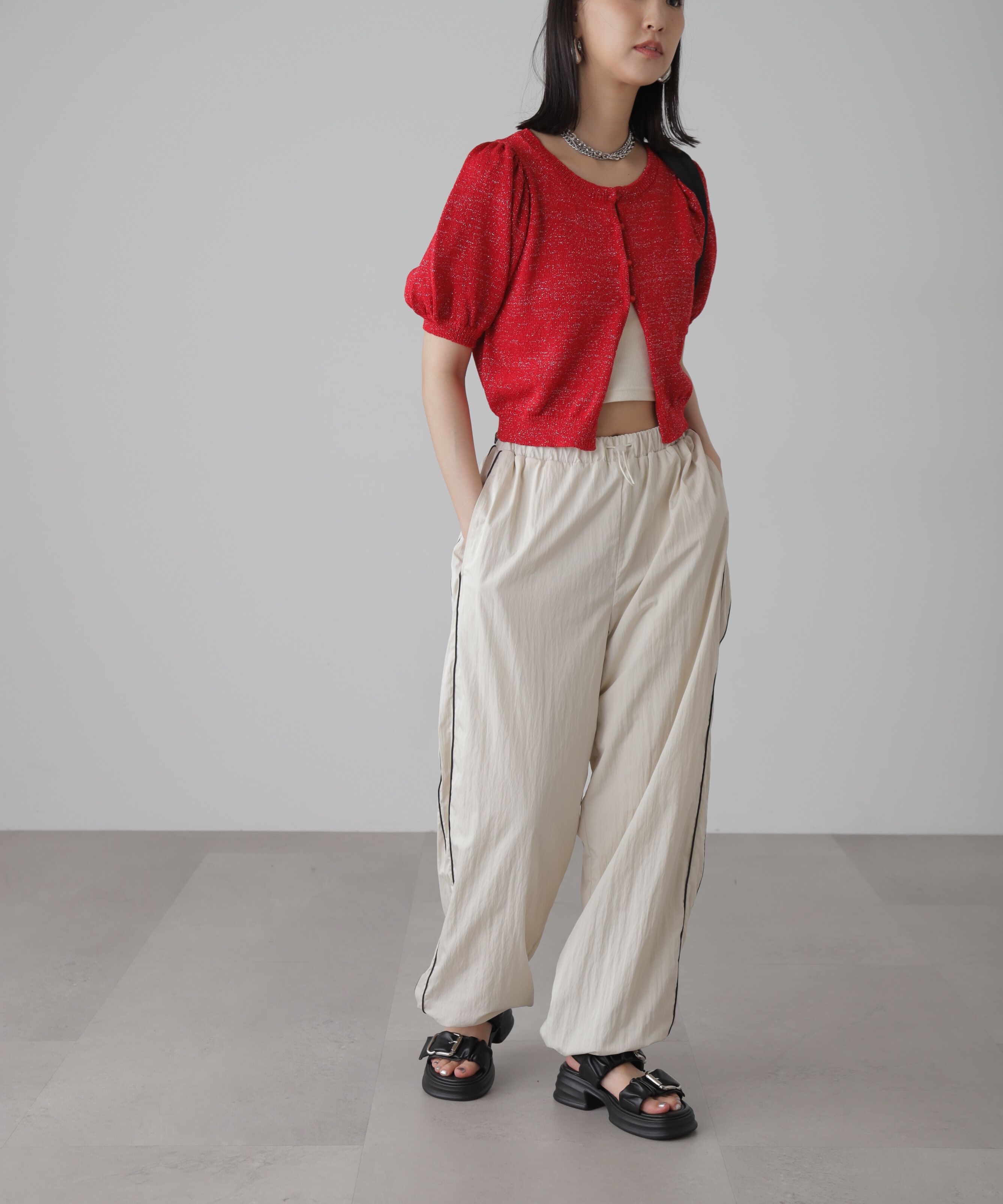  「ラメパフスリーブニットカーディガン」|ニット・セーター|