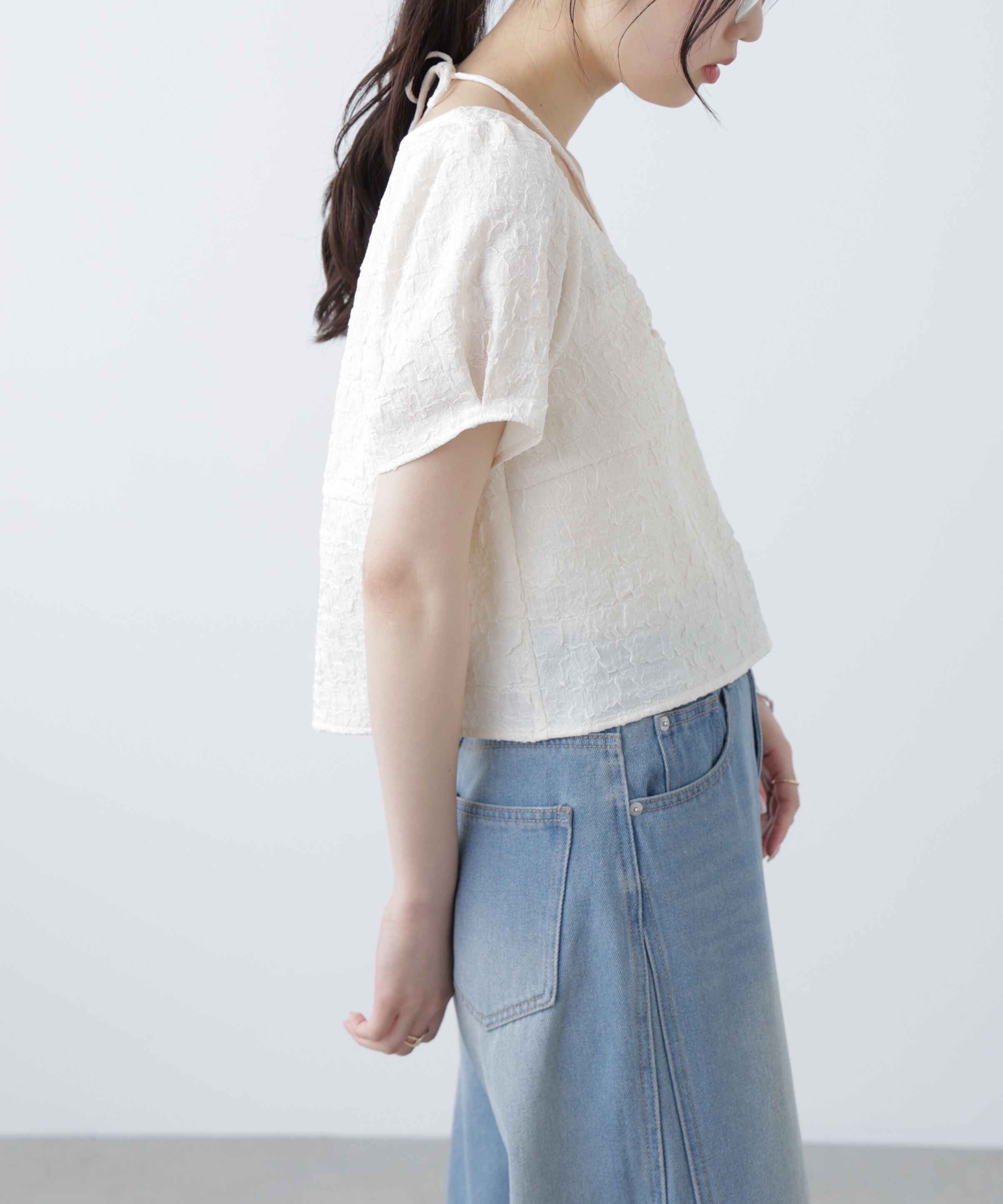  「フロントギャザーネックリボン付き半袖ブラウス」|シャツ・ブラウス|