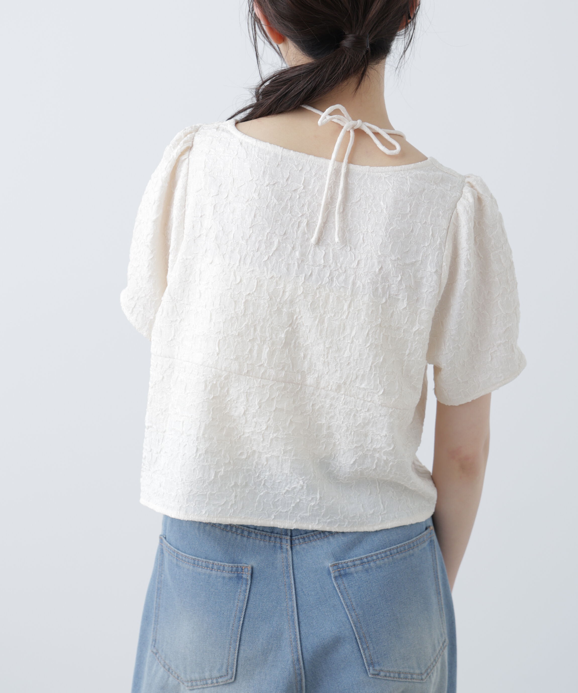  「フロントギャザーネックリボン付き半袖ブラウス」|シャツ・ブラウス|