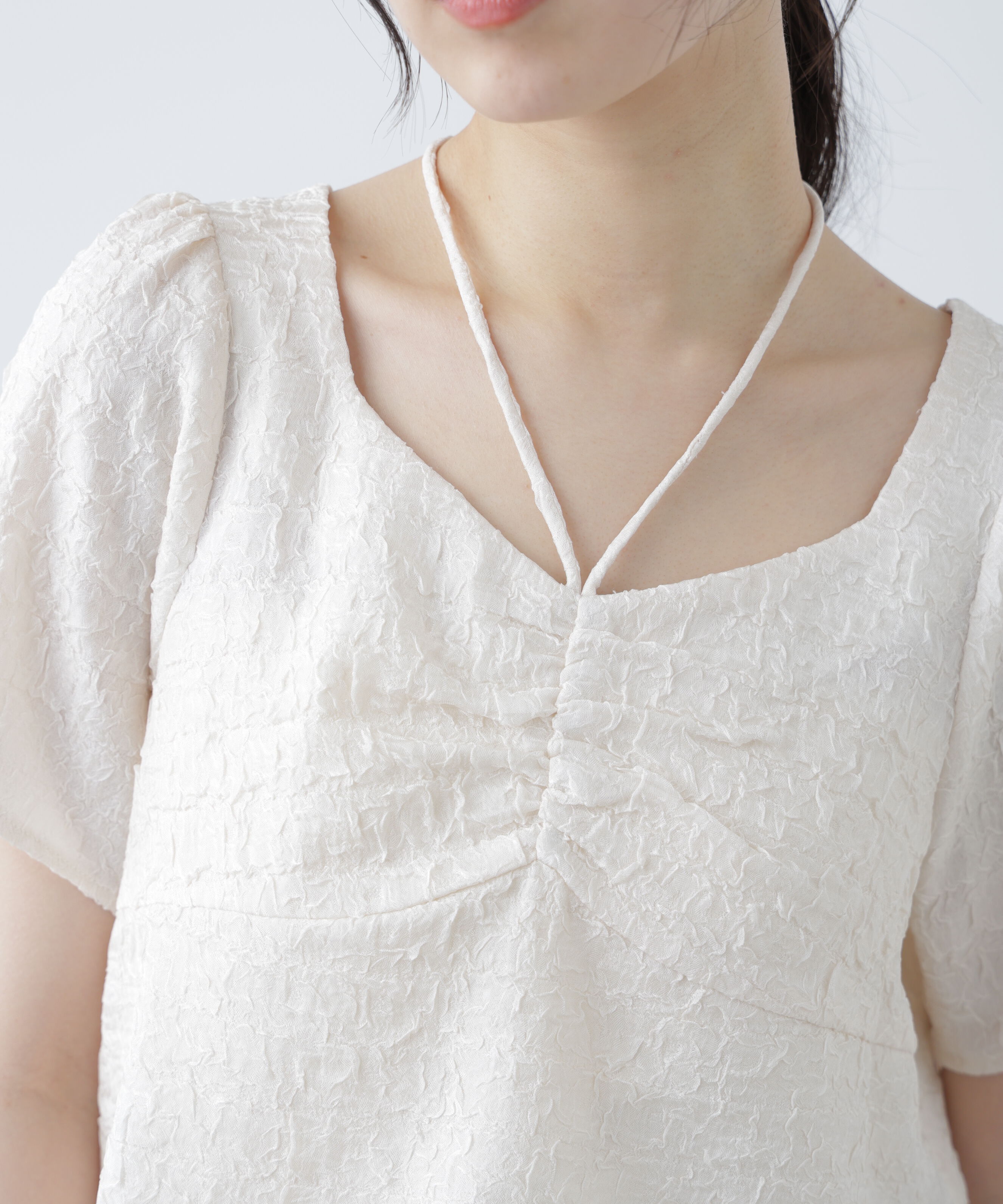  「フロントギャザーネックリボン付き半袖ブラウス」|シャツ・ブラウス|