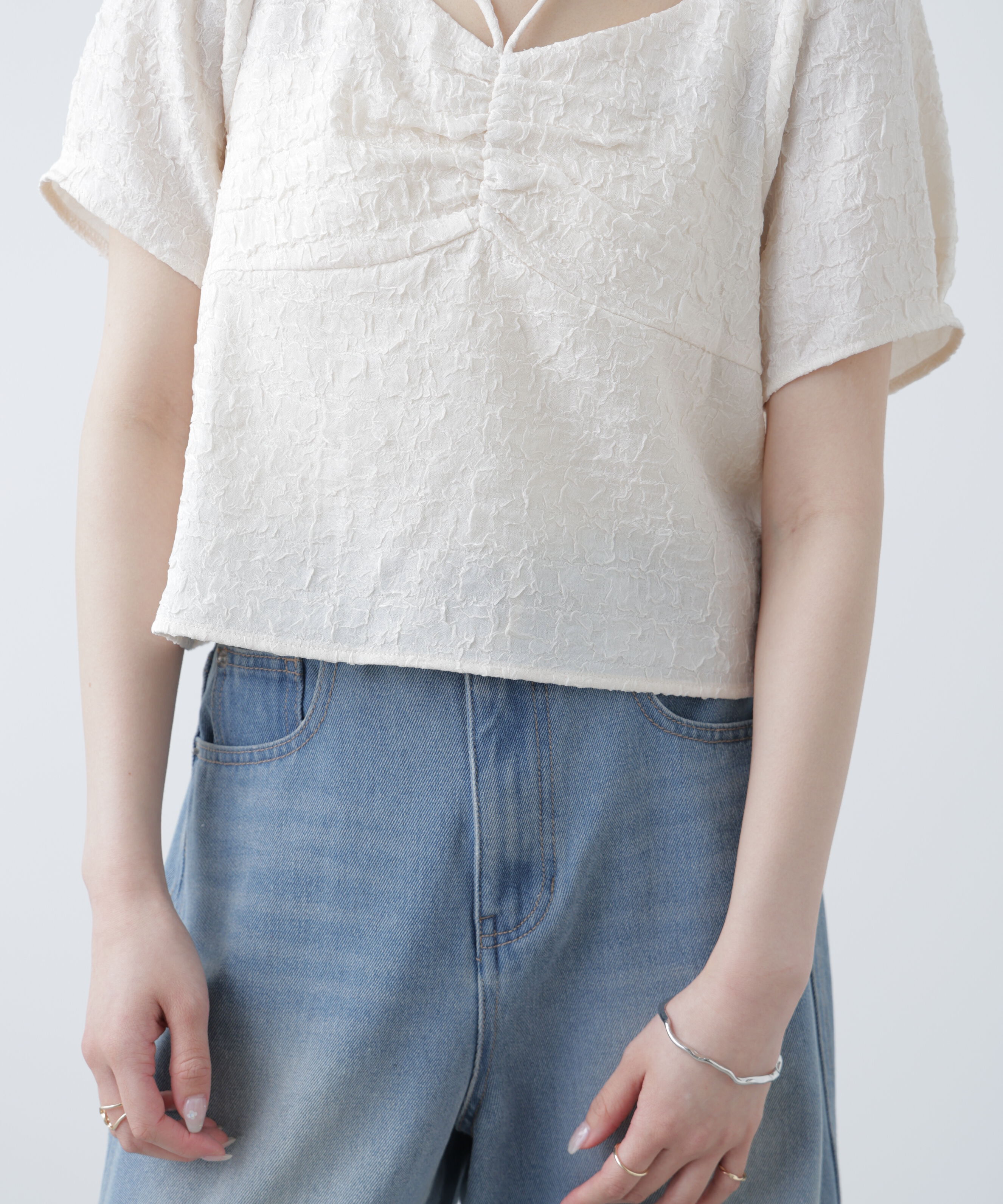  「フロントギャザーネックリボン付き半袖ブラウス」|シャツ・ブラウス|