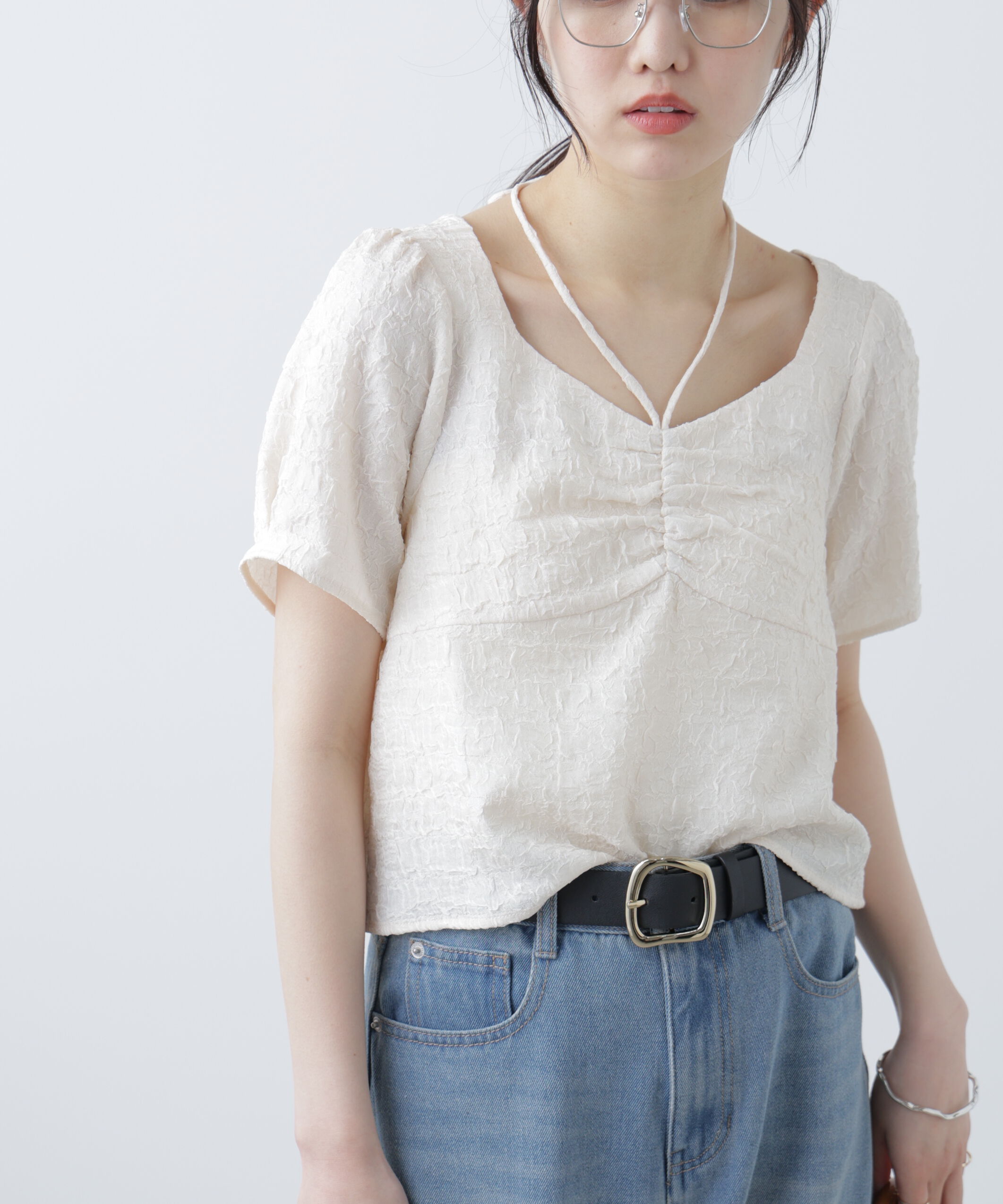  「フロントギャザーネックリボン付き半袖ブラウス」|シャツ・ブラウス|