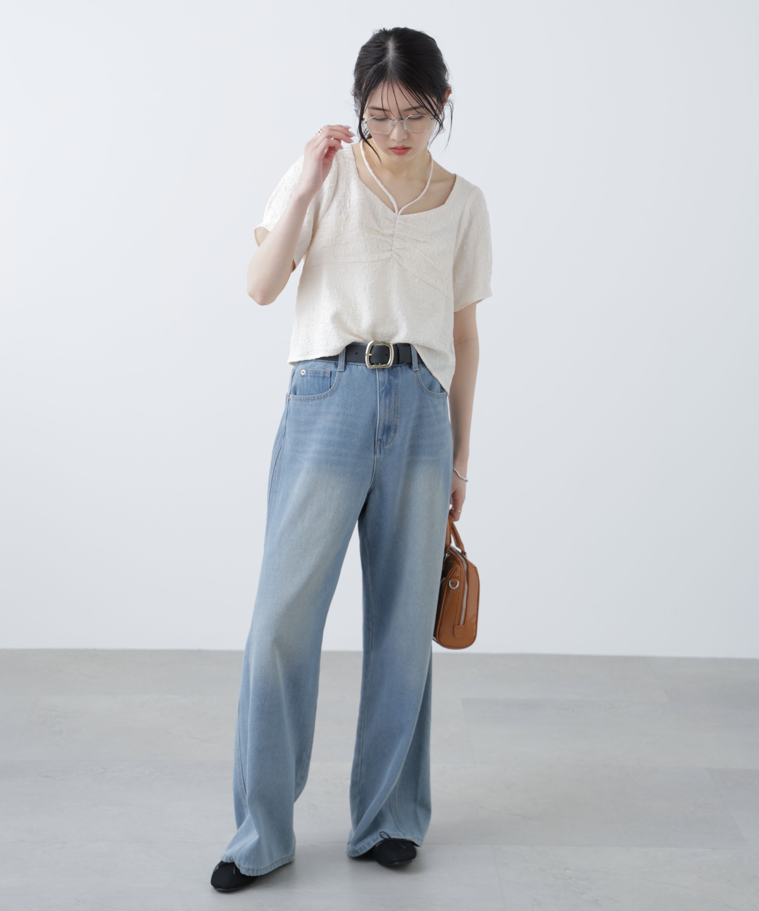  「フロントギャザーネックリボン付き半袖ブラウス」|シャツ・ブラウス|