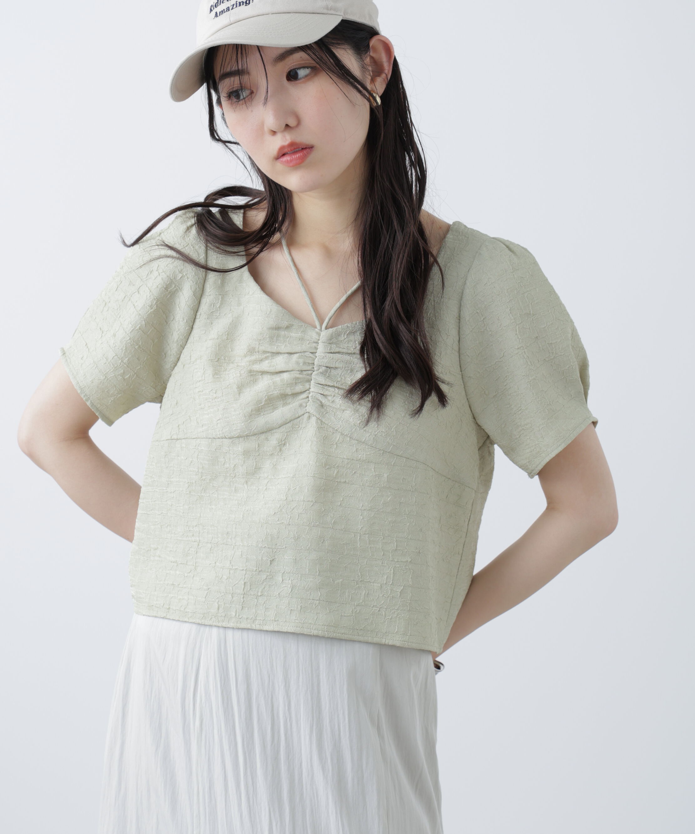  「フロントギャザーネックリボン付き半袖ブラウス」|シャツ・ブラウス|