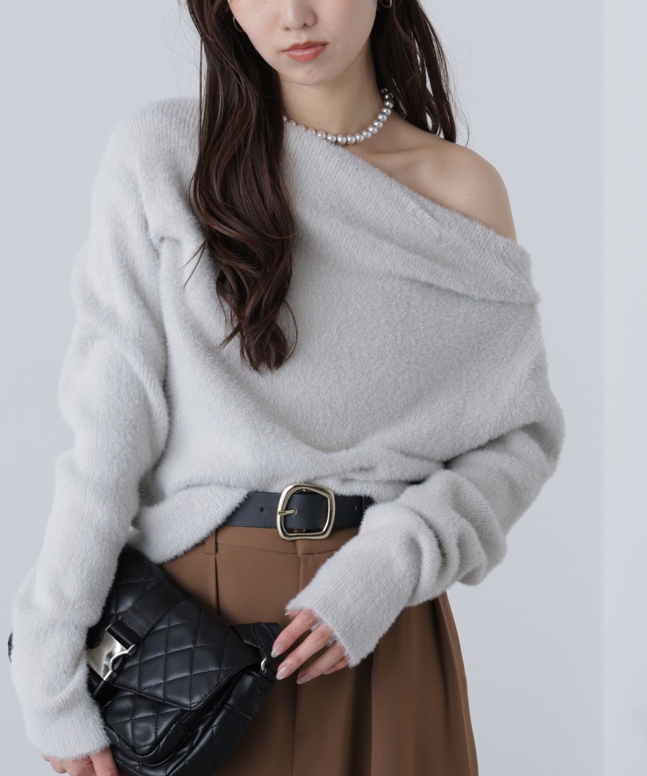  「シャギーオフショルドレープネックニット」|ニット・セーター|