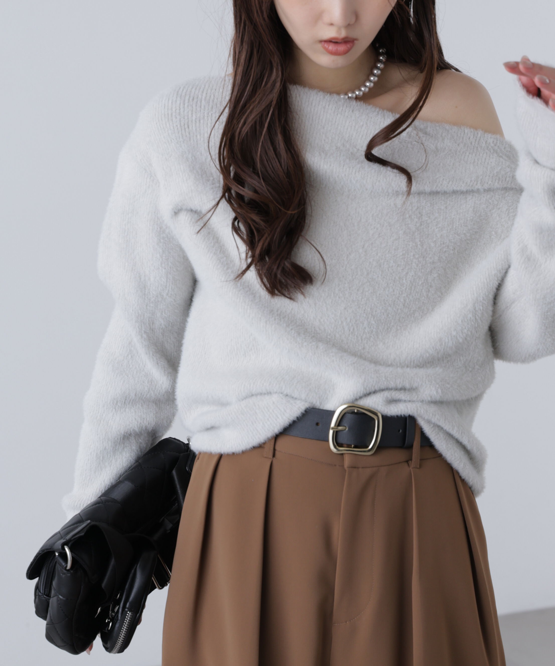  「シャギーオフショルドレープネックニット」|ニット・セーター|