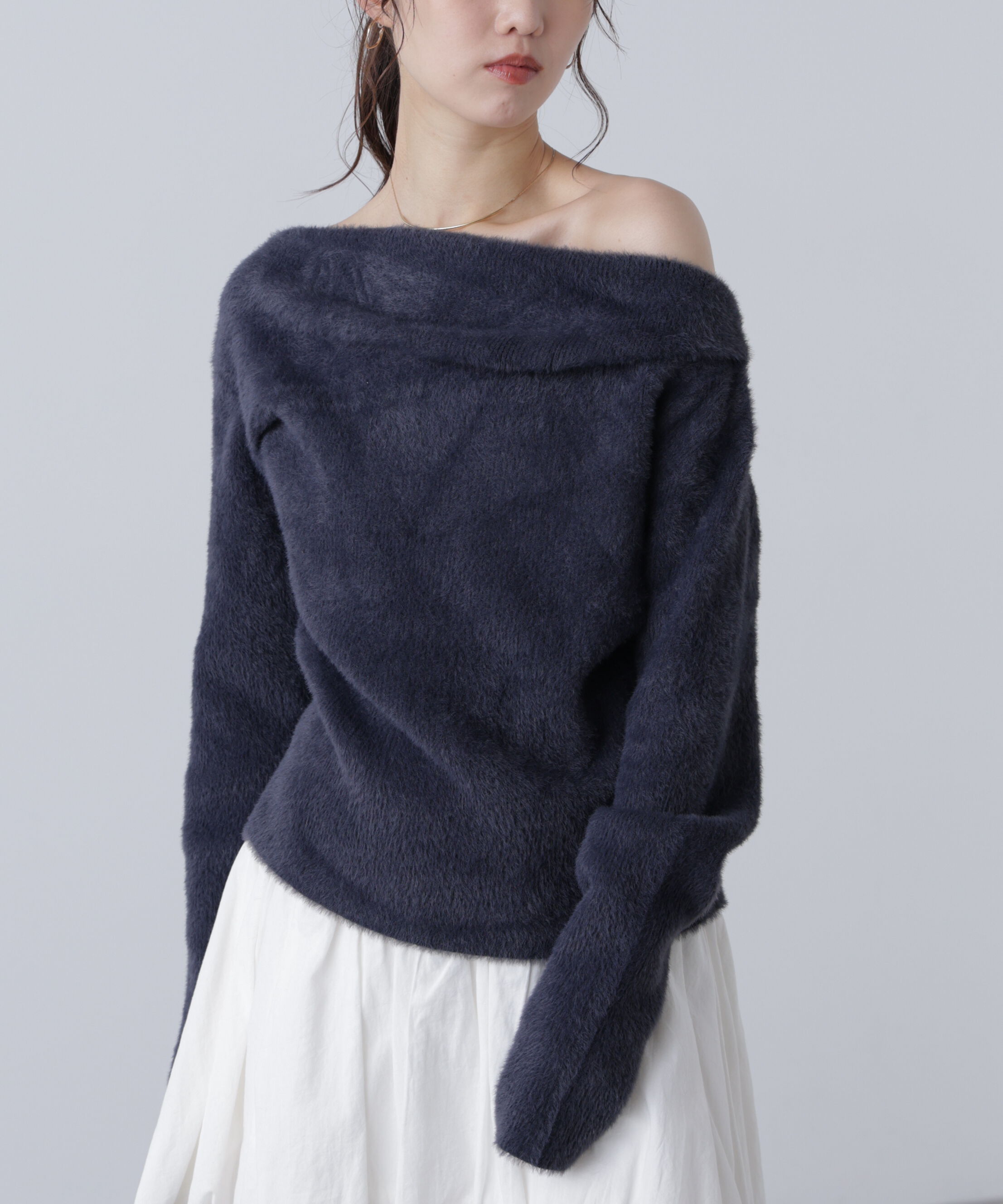  「シャギーオフショルドレープネックニット」|ニット・セーター|