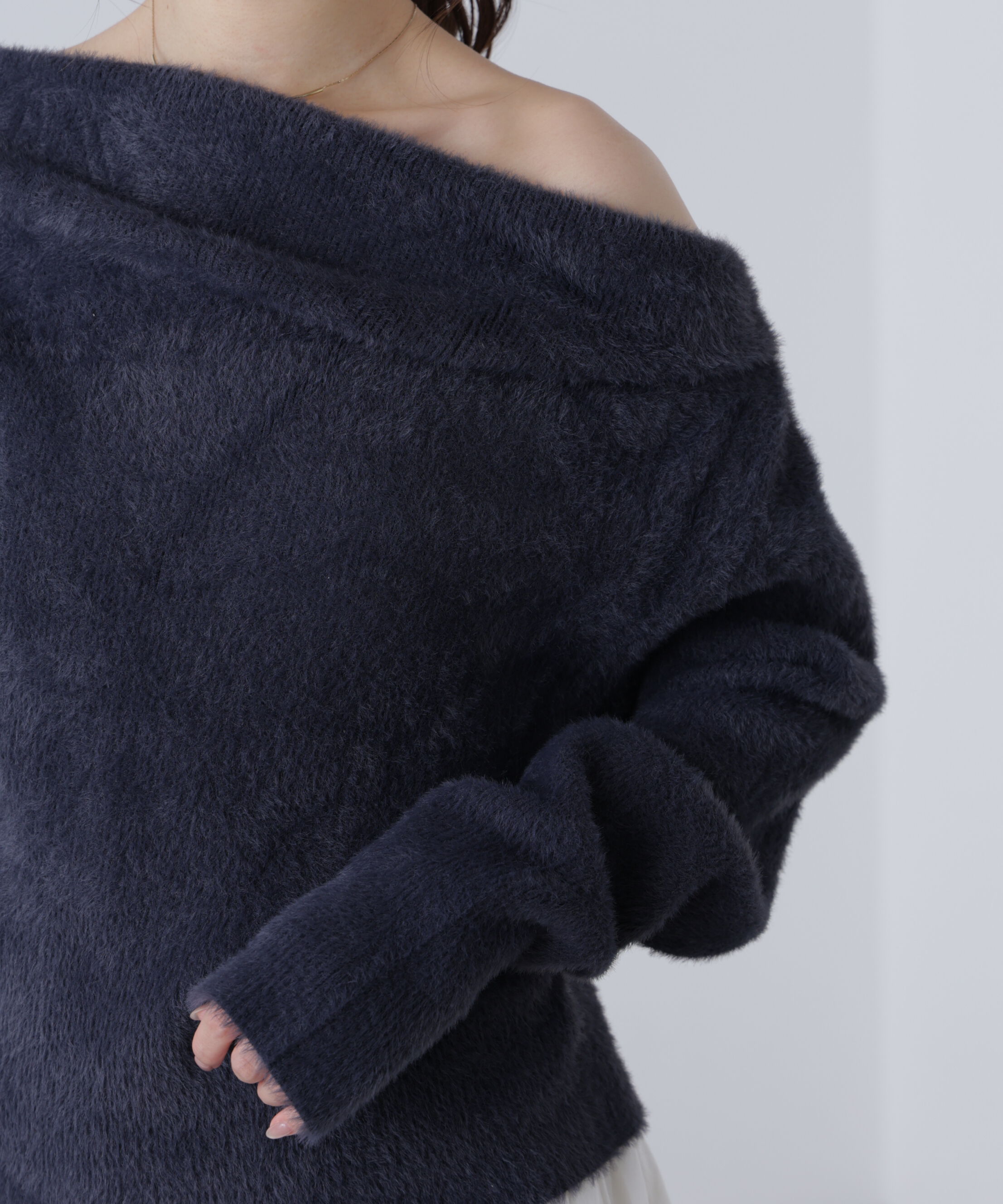  「シャギーオフショルドレープネックニット」|ニット・セーター|