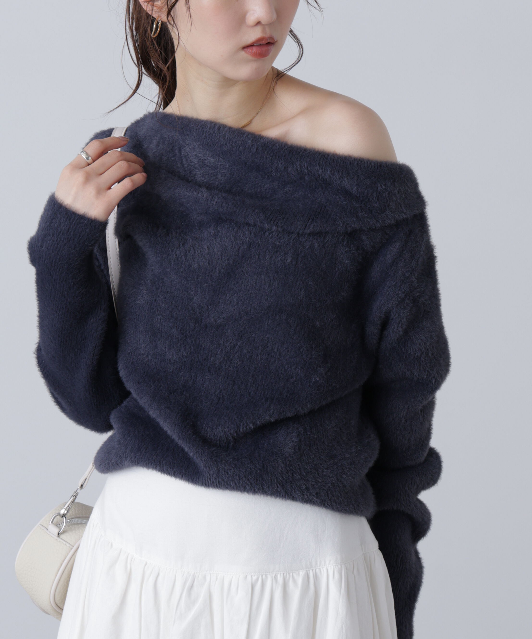  「シャギーオフショルドレープネックニット」|ニット・セーター|