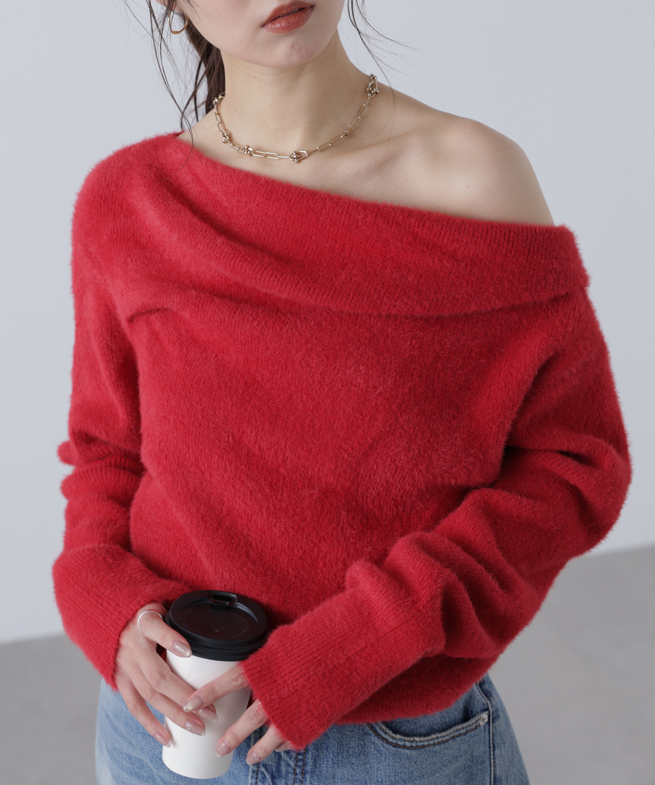  「シャギーオフショルドレープネックニット」|ニット・セーター|レッド