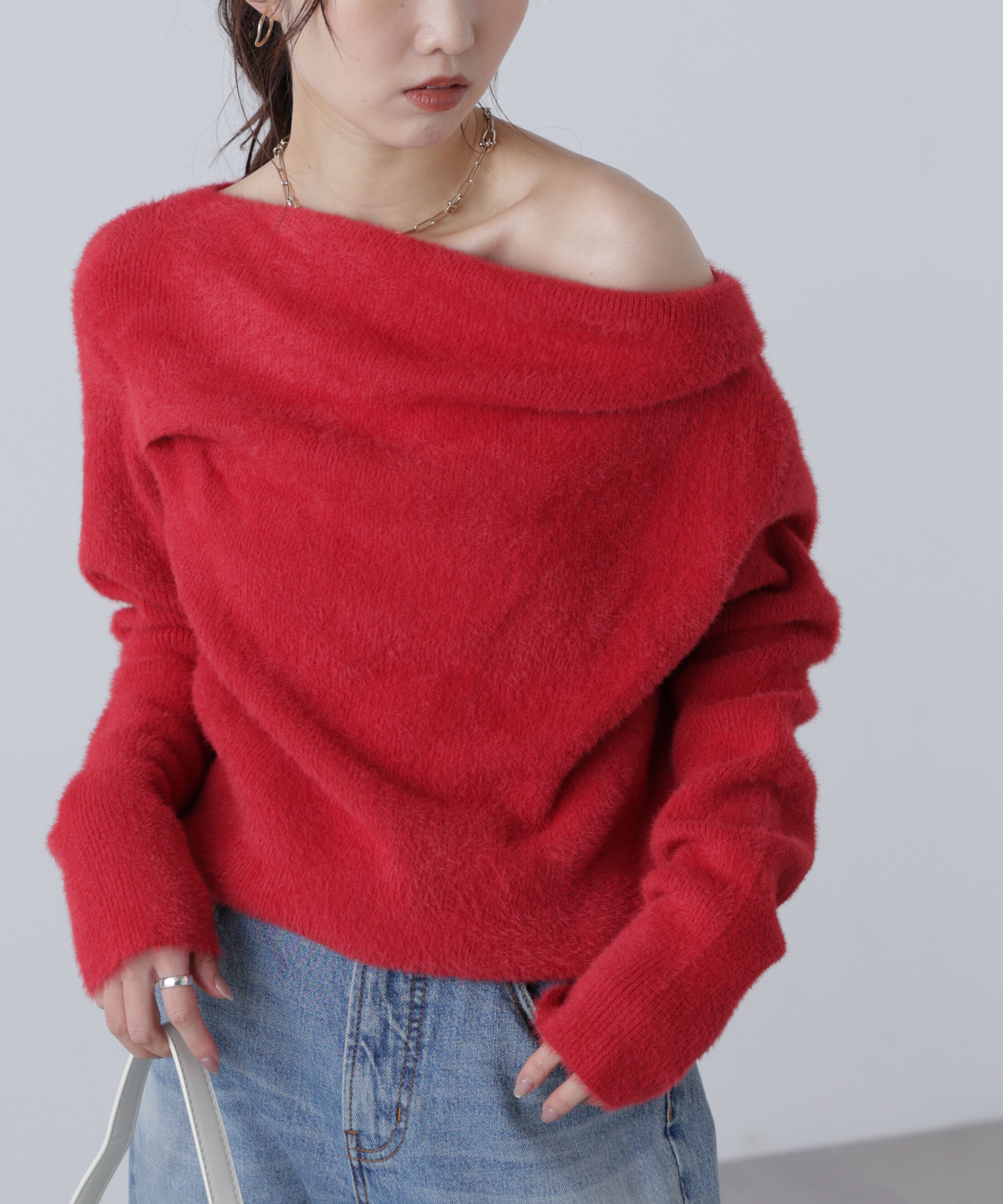  「シャギーオフショルドレープネックニット」|ニット・セーター|