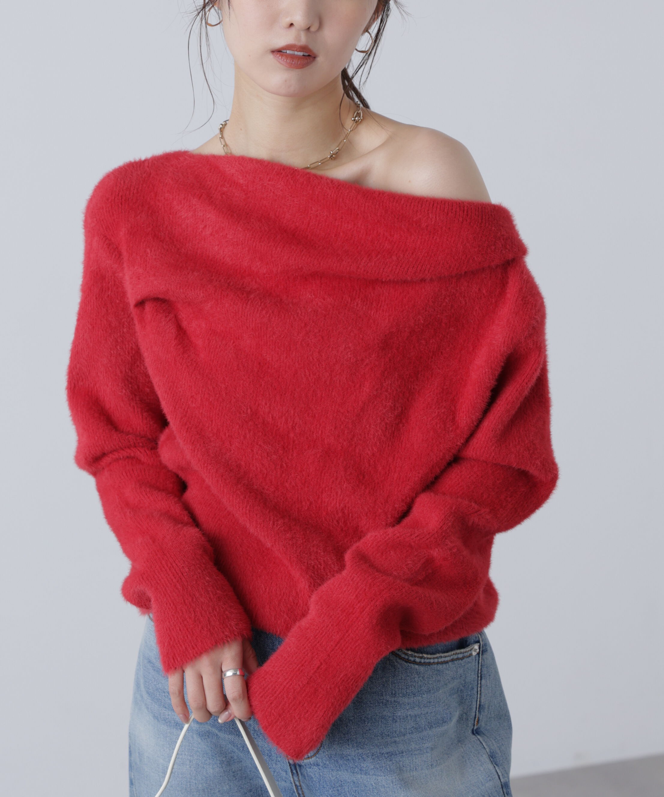  「シャギーオフショルドレープネックニット」|ニット・セーター|