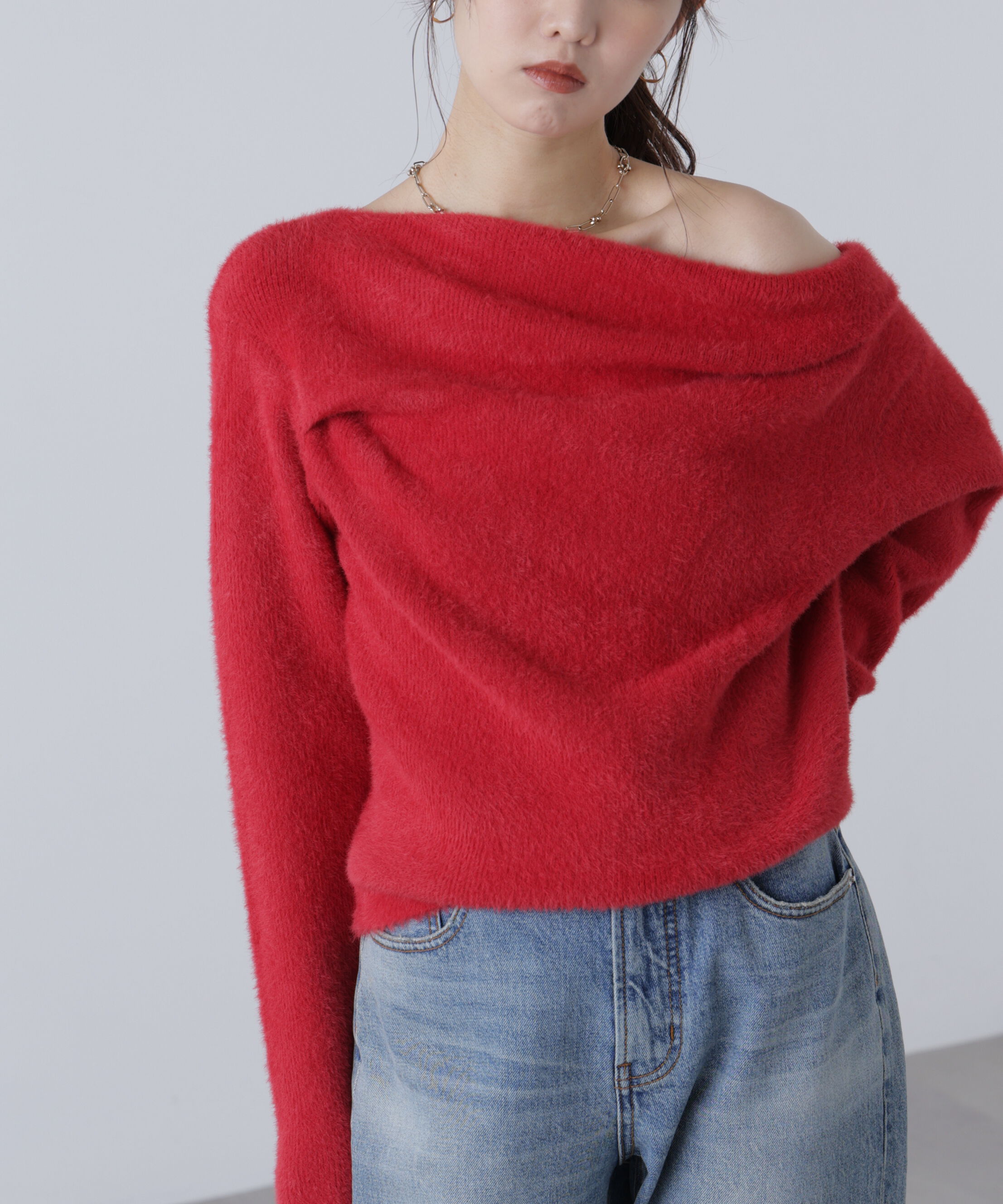  「シャギーオフショルドレープネックニット」|ニット・セーター|