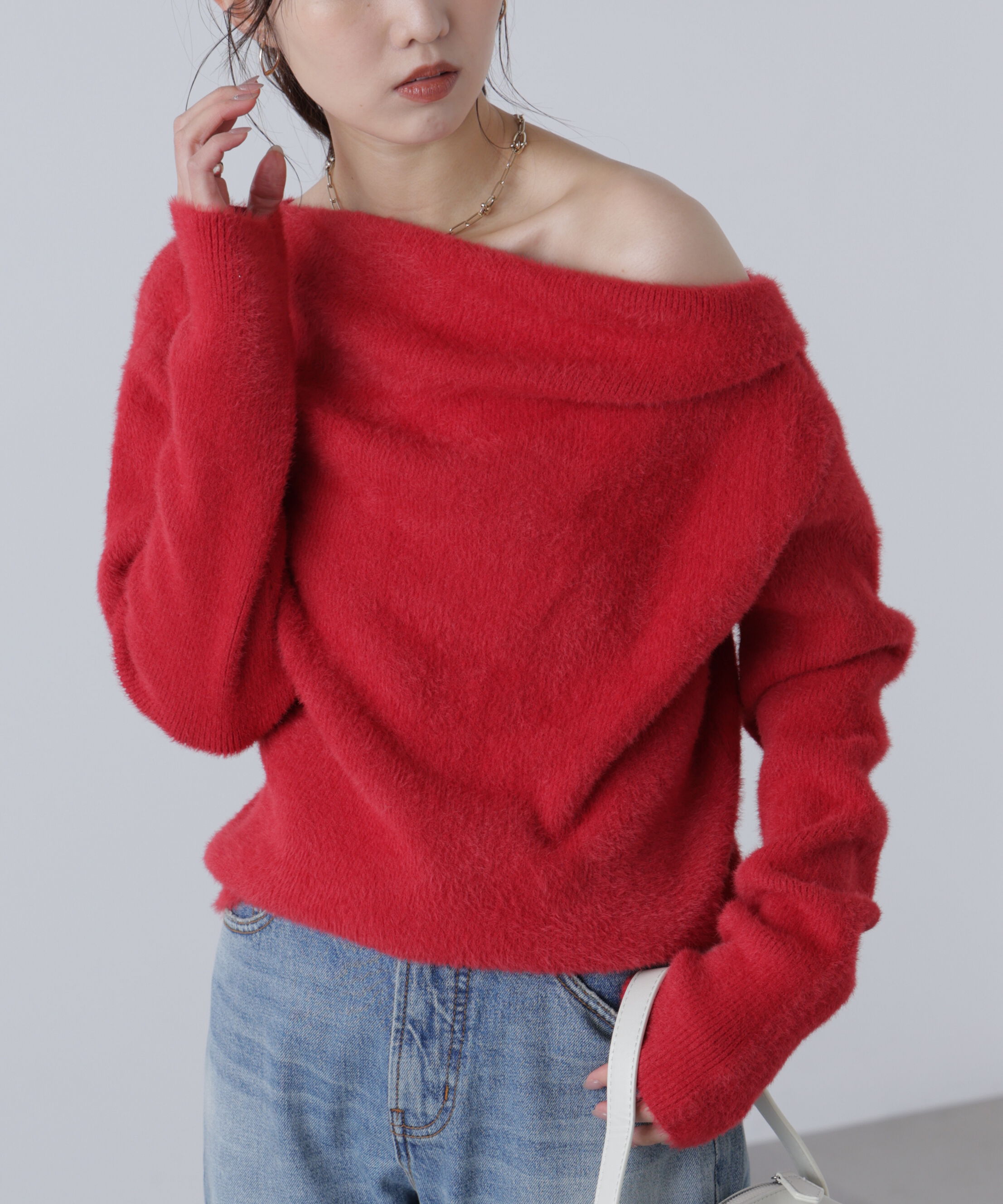  「シャギーオフショルドレープネックニット」|ニット・セーター|