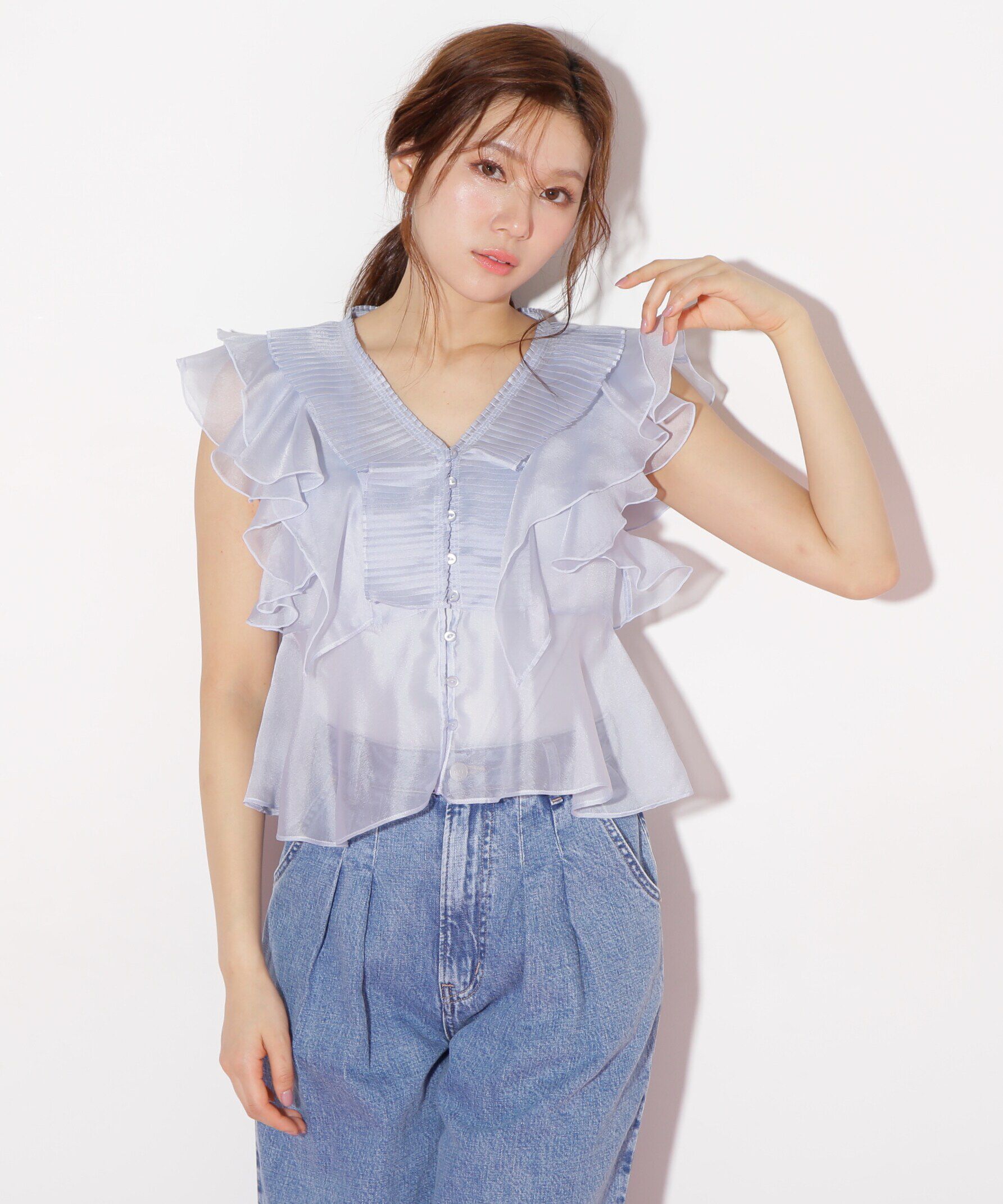  「プリーツフリルブラウス」|シャツ・ブラウス|ブルー