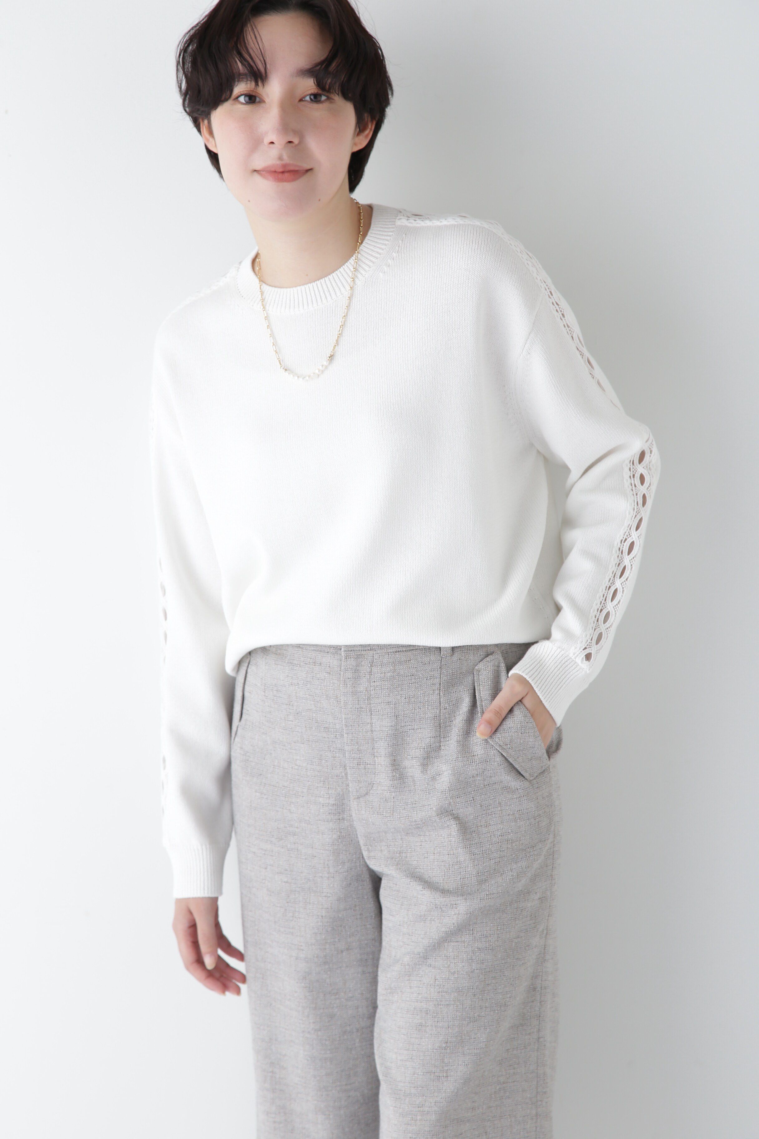 「◆【ウォッシャブル】レースドッキングニットプルオーバー」|ニット・セーター|ホワイト