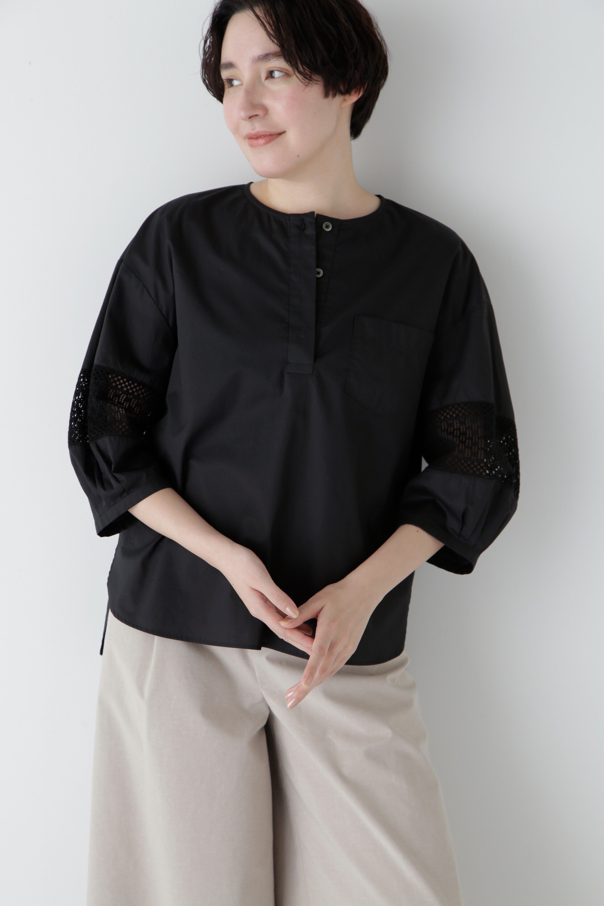  「◆コットンツイルレースドッキングブラウス」|シャツ・ブラウス|ブラック