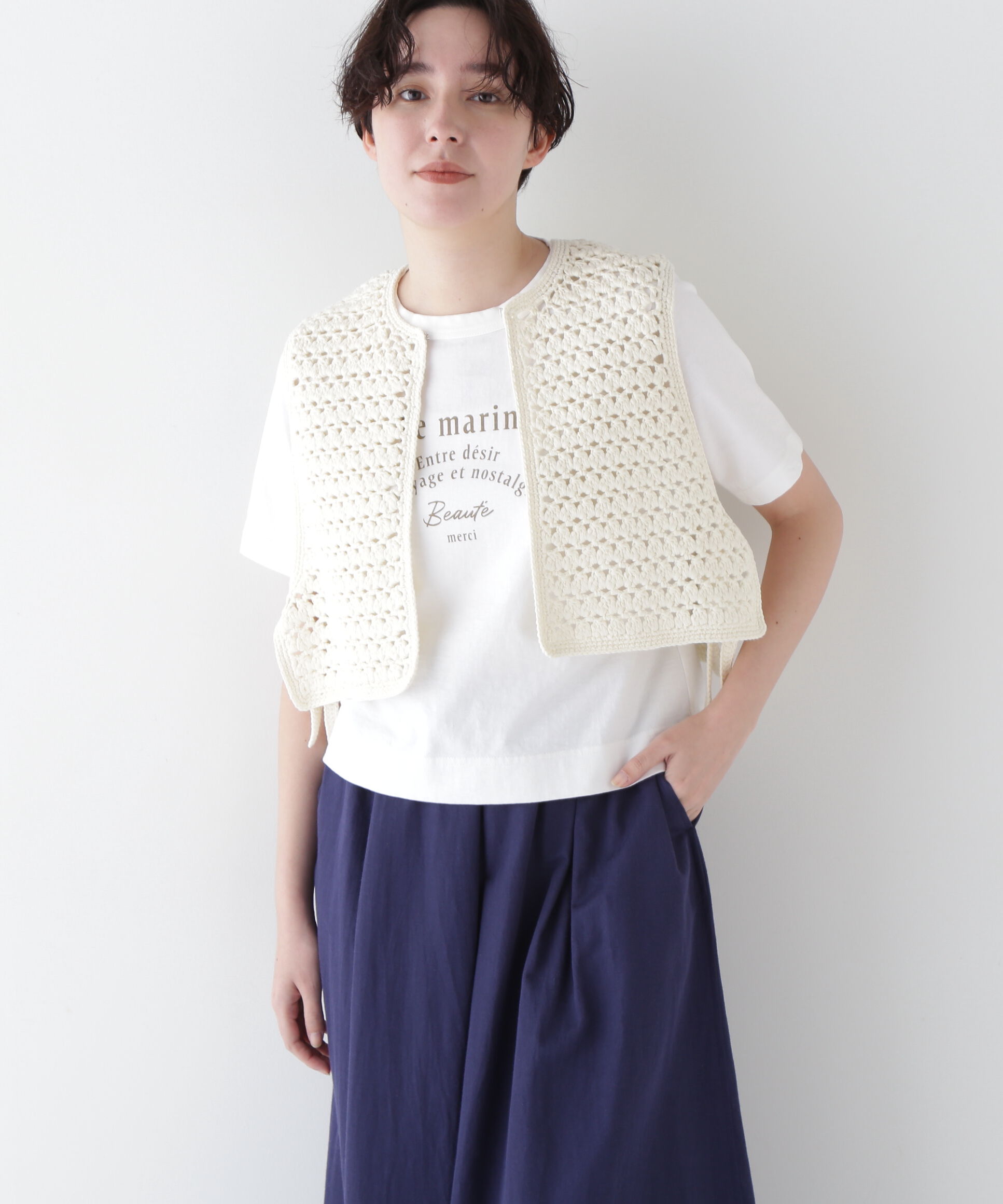  「◆【ウォッシャブル】コットンクロシェベスト」|ニット・セーター|エクリュ1