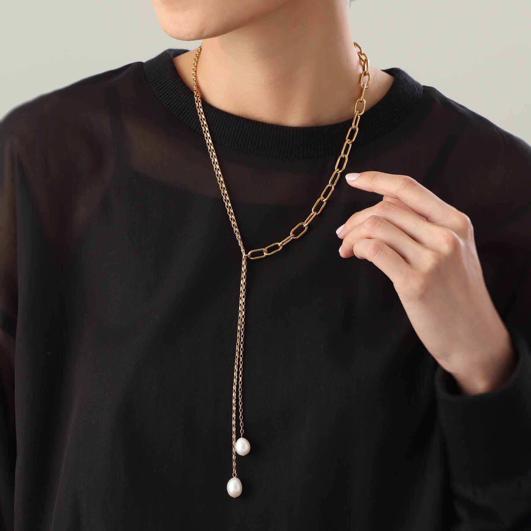 COCOSHNIK ONKITSCH「シルバー バロックパール ミックスチェーン ダブルドロップ ネックレス GP」|ネックレス|