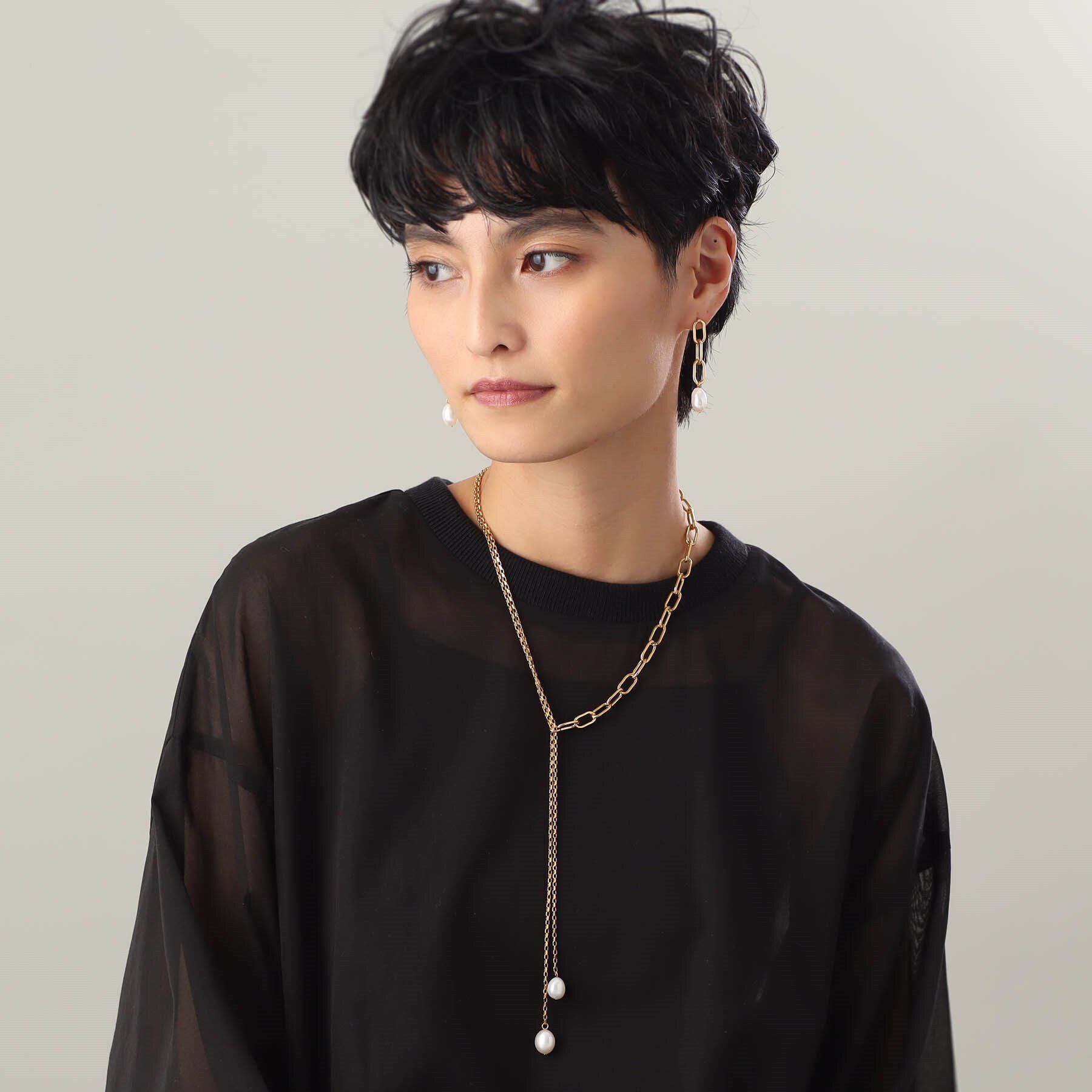 COCOSHNIK ONKITSCH「シルバー バロックパール ミックスチェーン ダブルドロップ ネックレス GP」|ネックレス|