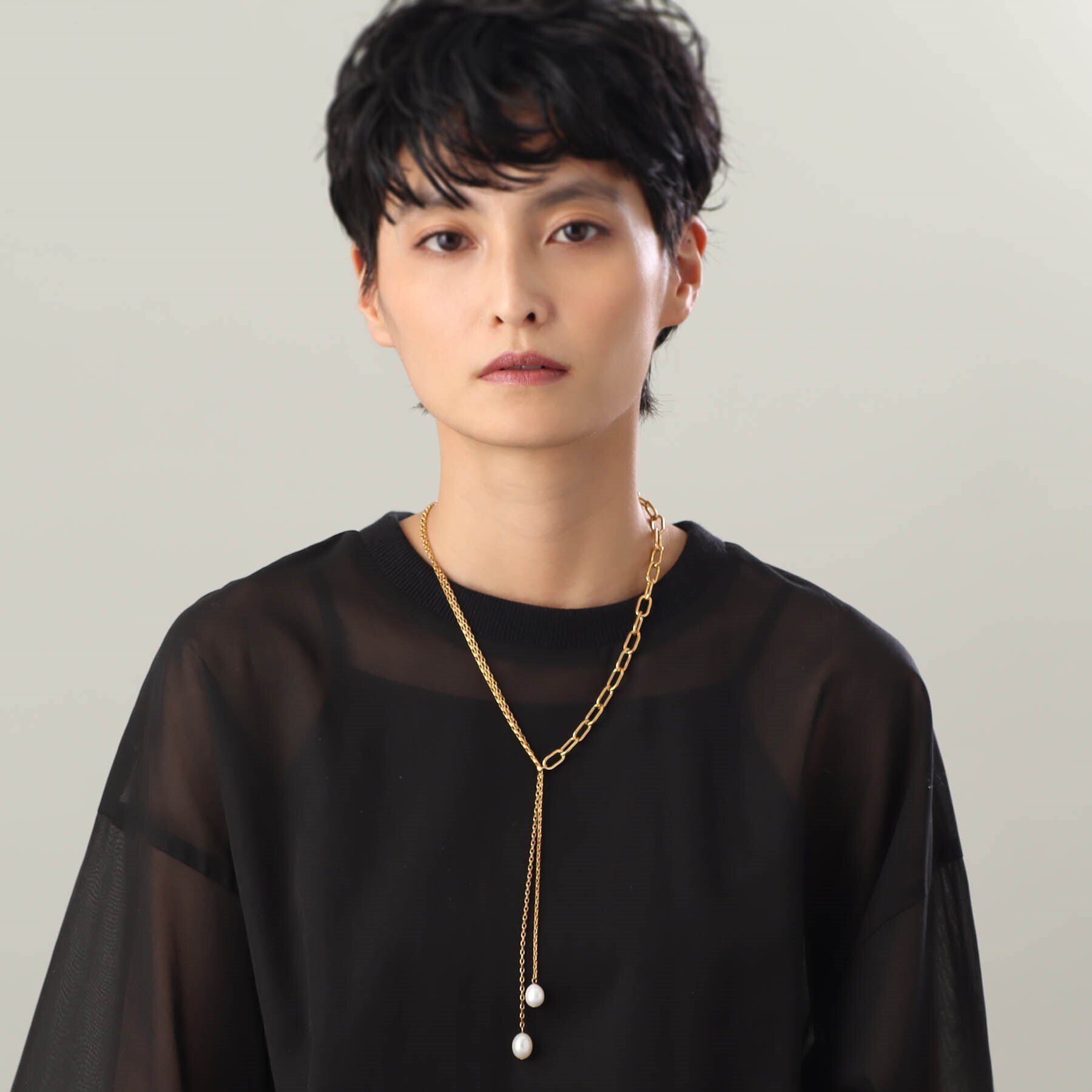 COCOSHNIK ONKITSCH「シルバー バロックパール ミックスチェーン ダブルドロップ ネックレス GP」|ネックレス|