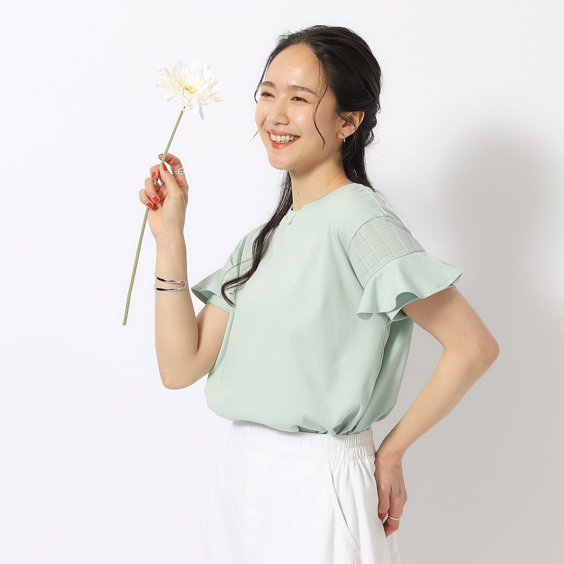 SHOO･LA･RUE「ほんのり甘い シアーチェック お袖フリルトップス」|Tシャツ・カットソー|