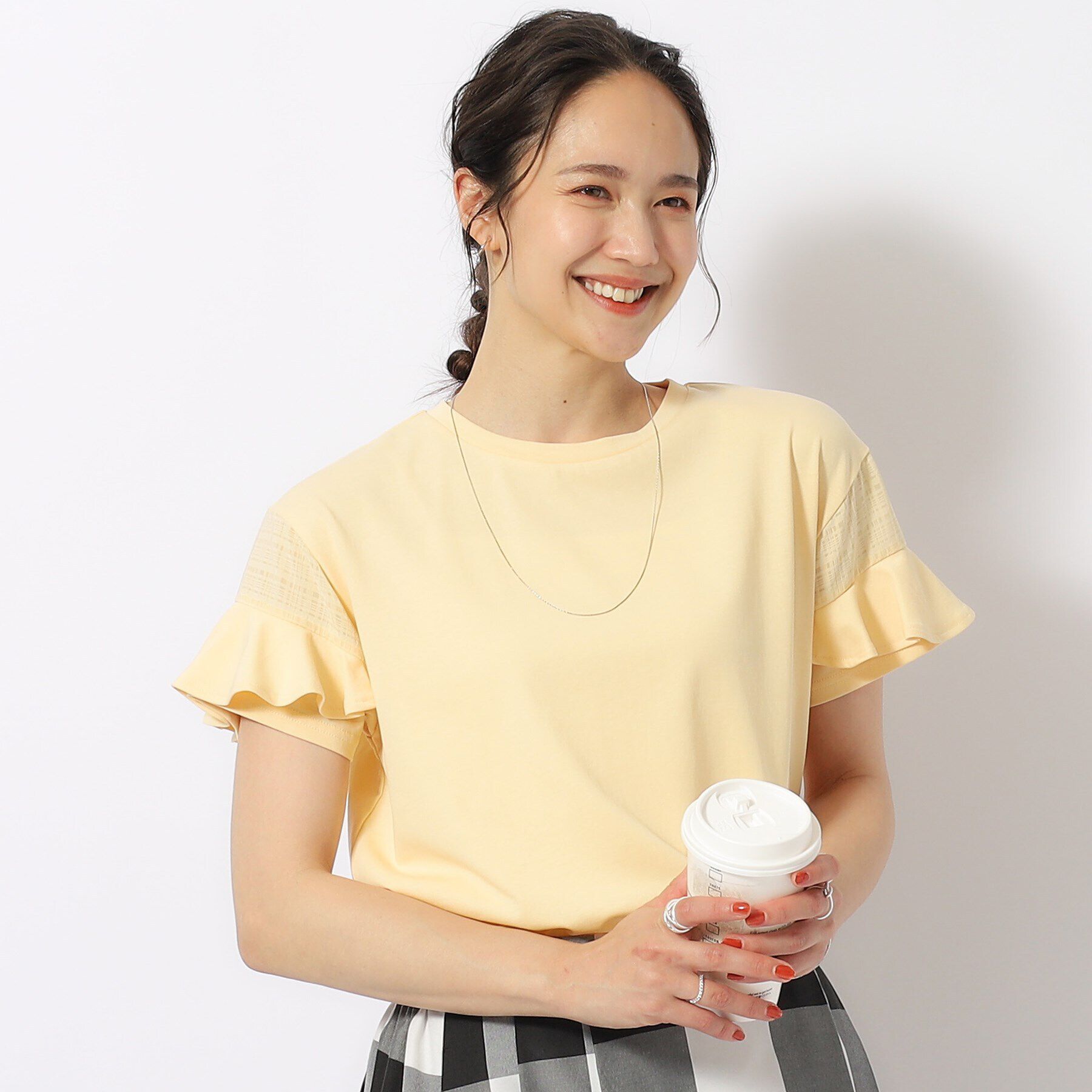 SHOO･LA･RUE「ほんのり甘い シアーチェック お袖フリルトップス」|Tシャツ・カットソー|イエロー(031)