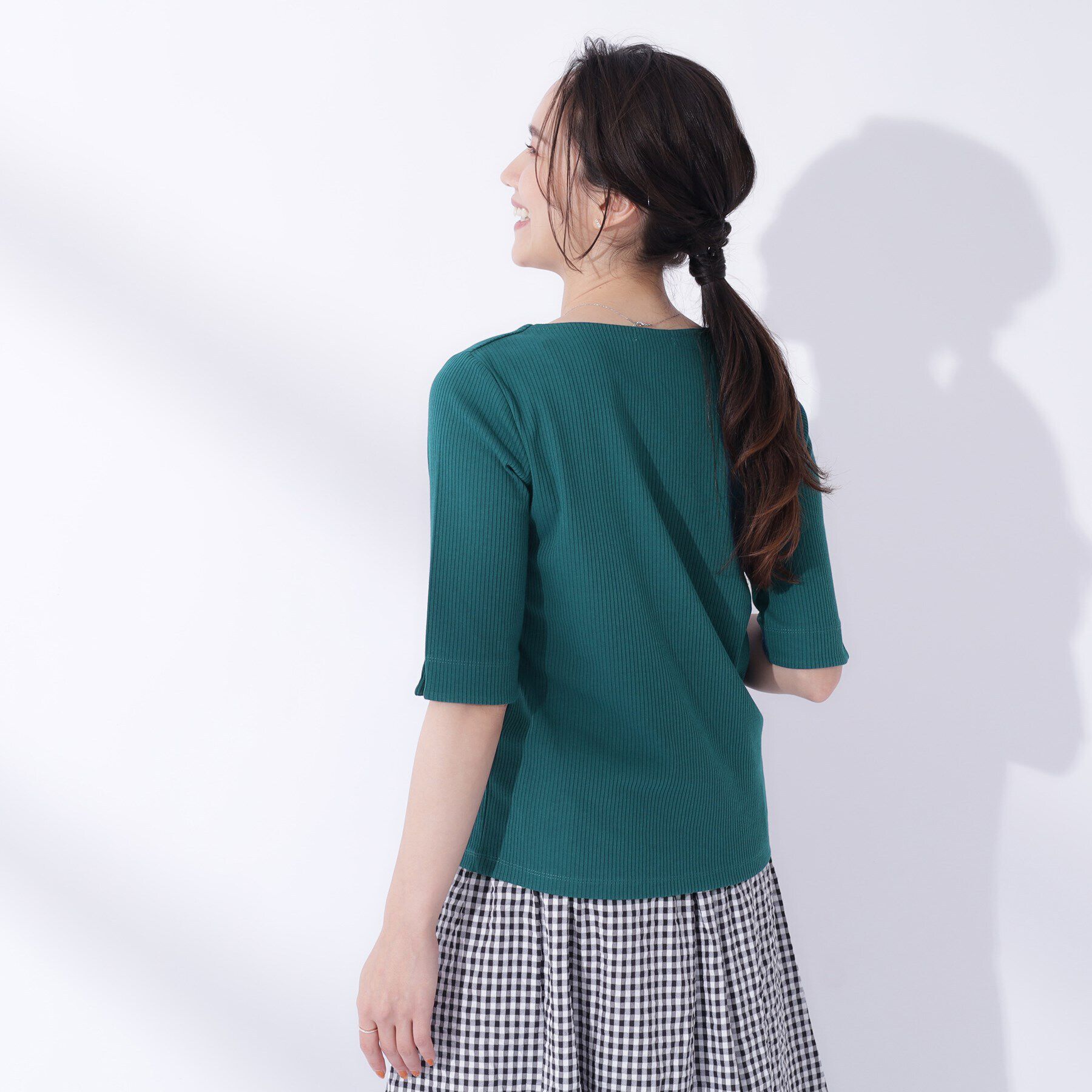 SHOO･LA･RUE「女性らしさをプラスする テレコハートネック 5分袖トップス」|Tシャツ・カットソー|