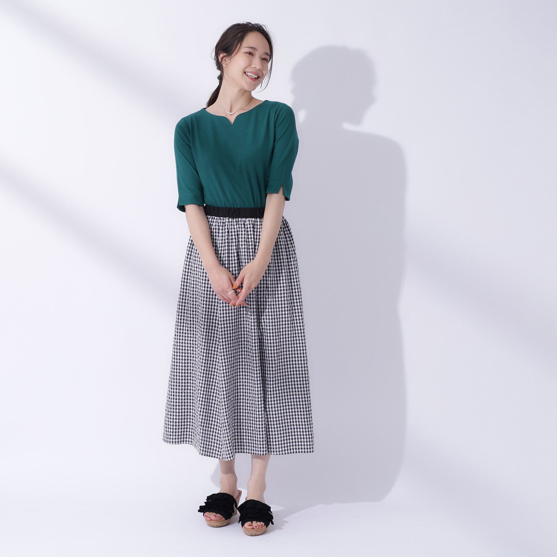 SHOO･LA･RUE「女性らしさをプラスする テレコハートネック 5分袖トップス」|Tシャツ・カットソー|