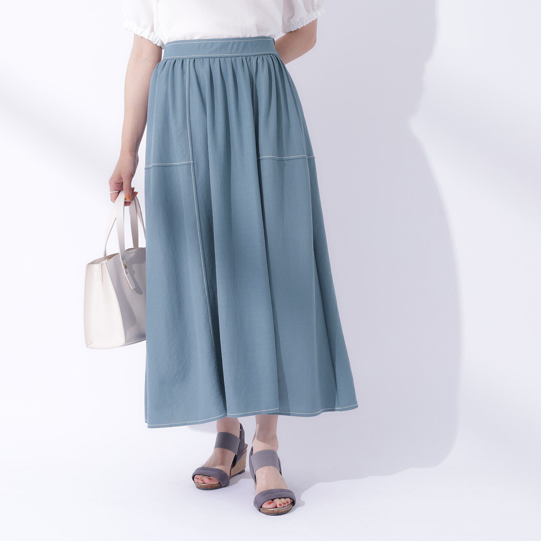 SHOO･LA･RUE「【UV】大人上品な 配色ステッチ フレアスカート」|スカート|