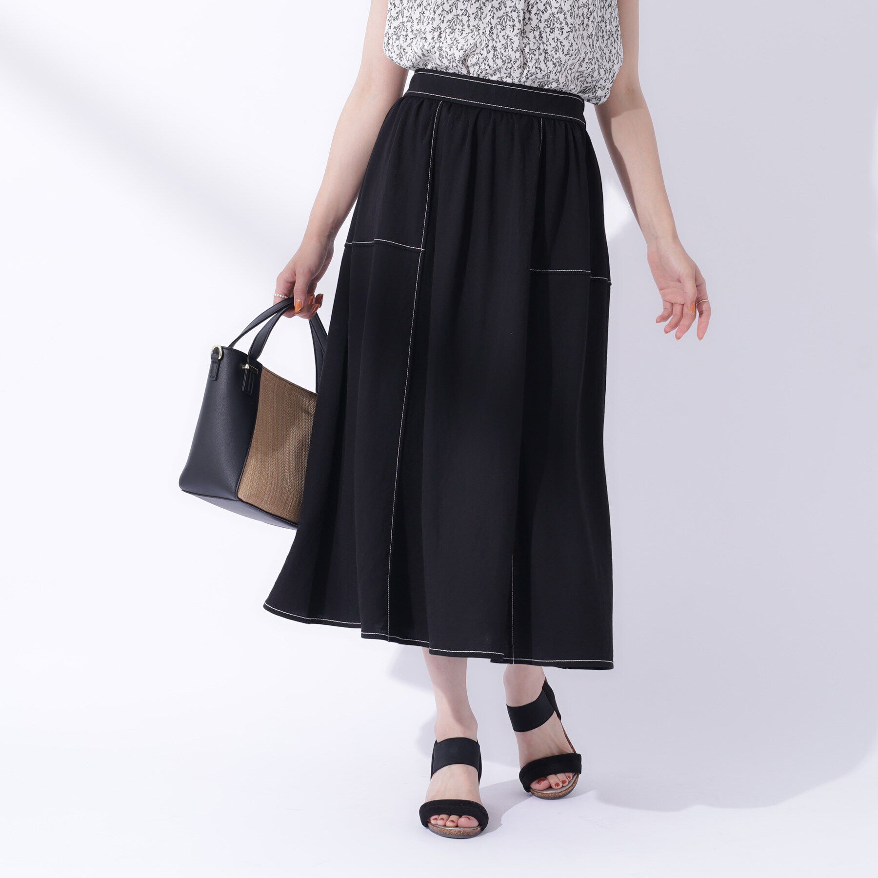 SHOO･LA･RUE「【UV】大人上品な 配色ステッチ フレアスカート」|スカート|