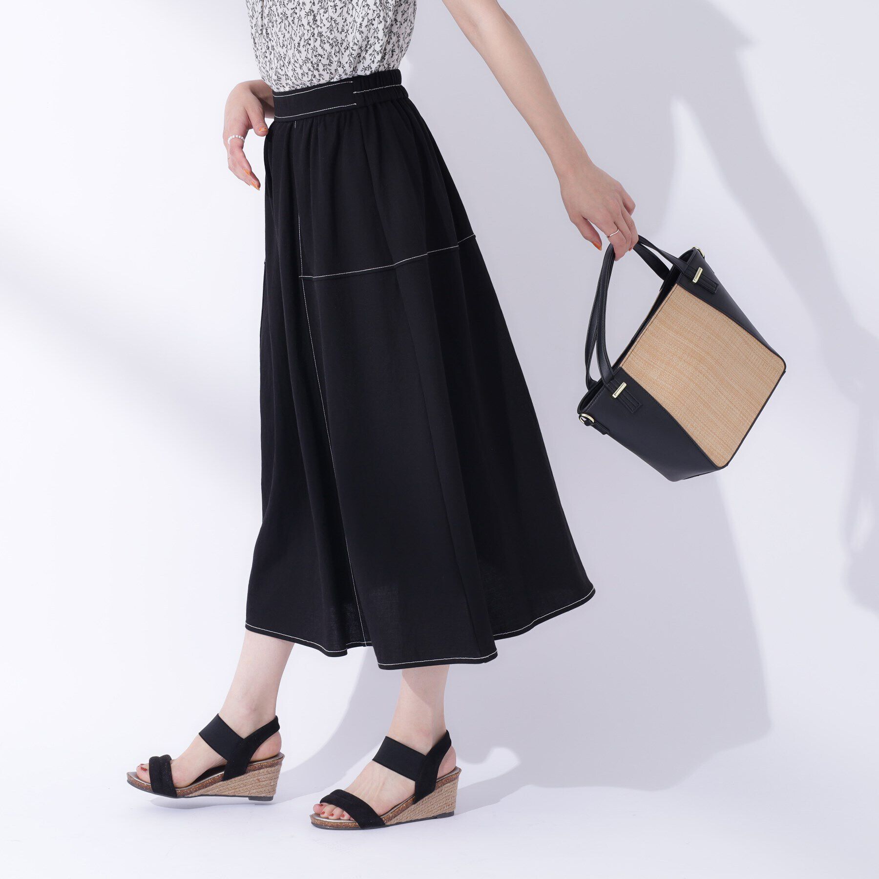 SHOO･LA･RUE「【UV】大人上品な 配色ステッチ フレアスカート」|スカート|