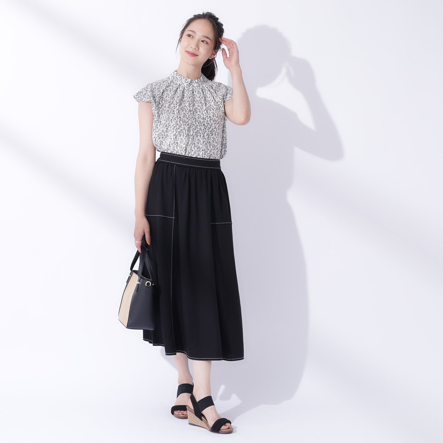 SHOO･LA･RUE「【UV】大人上品な 配色ステッチ フレアスカート」|スカート|
