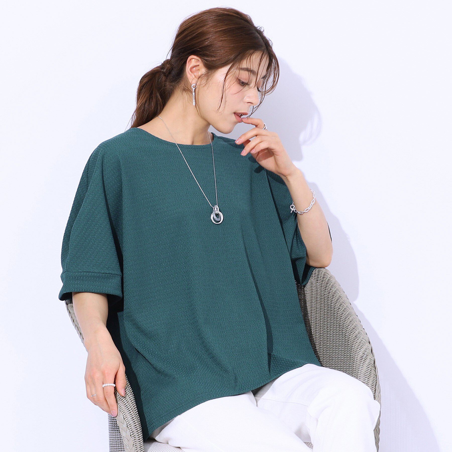 SHOO･LA･RUE「【涼やかリラクシー】アウトで決まる 5分袖ドルマントップス」|Tシャツ・カットソー|ブルーグリーン(09