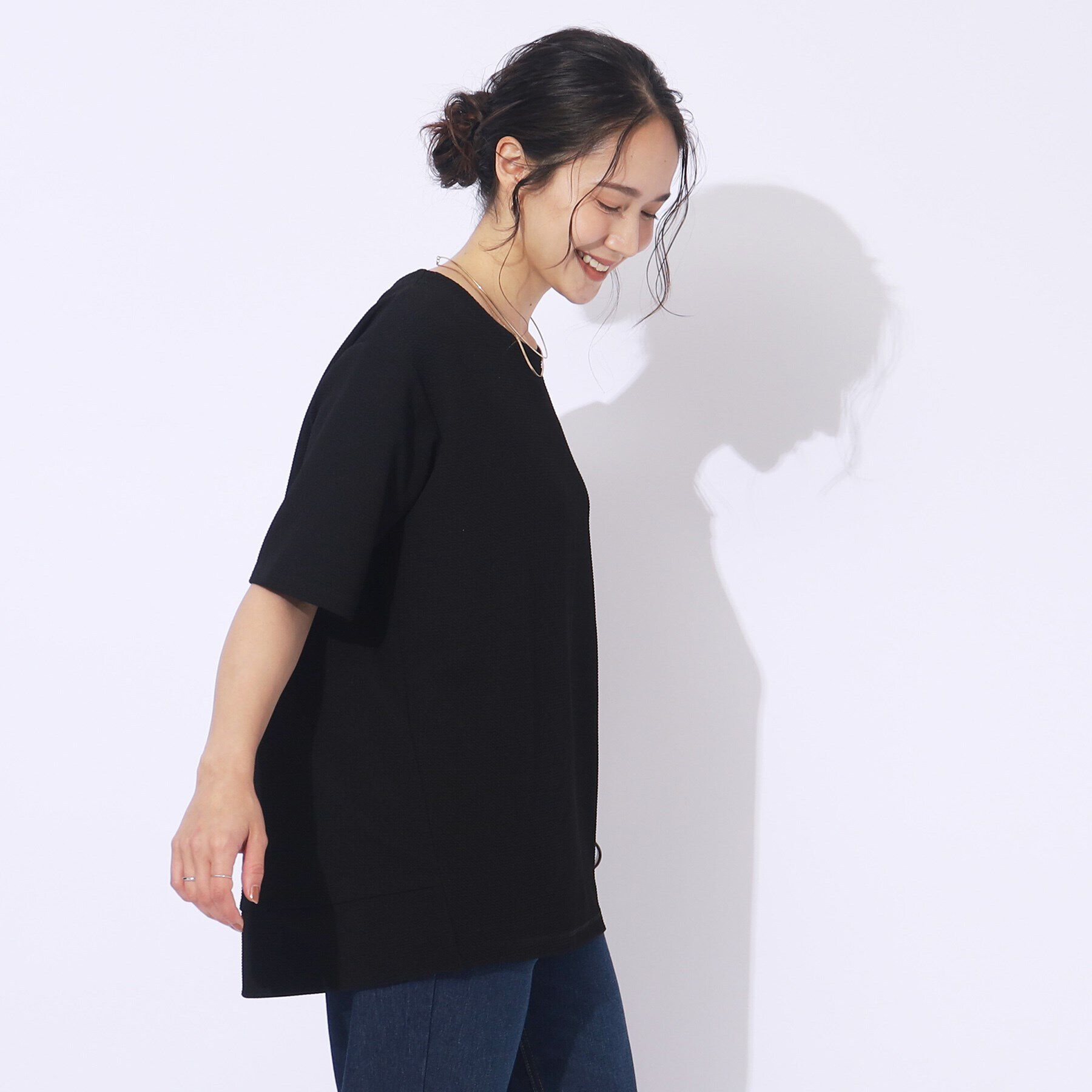 SHOO･LA･RUE「【洗える/5分袖】すっきりきれいに魅せる ふくれジャカード コクーントップス」|Tシャツ・カットソー|