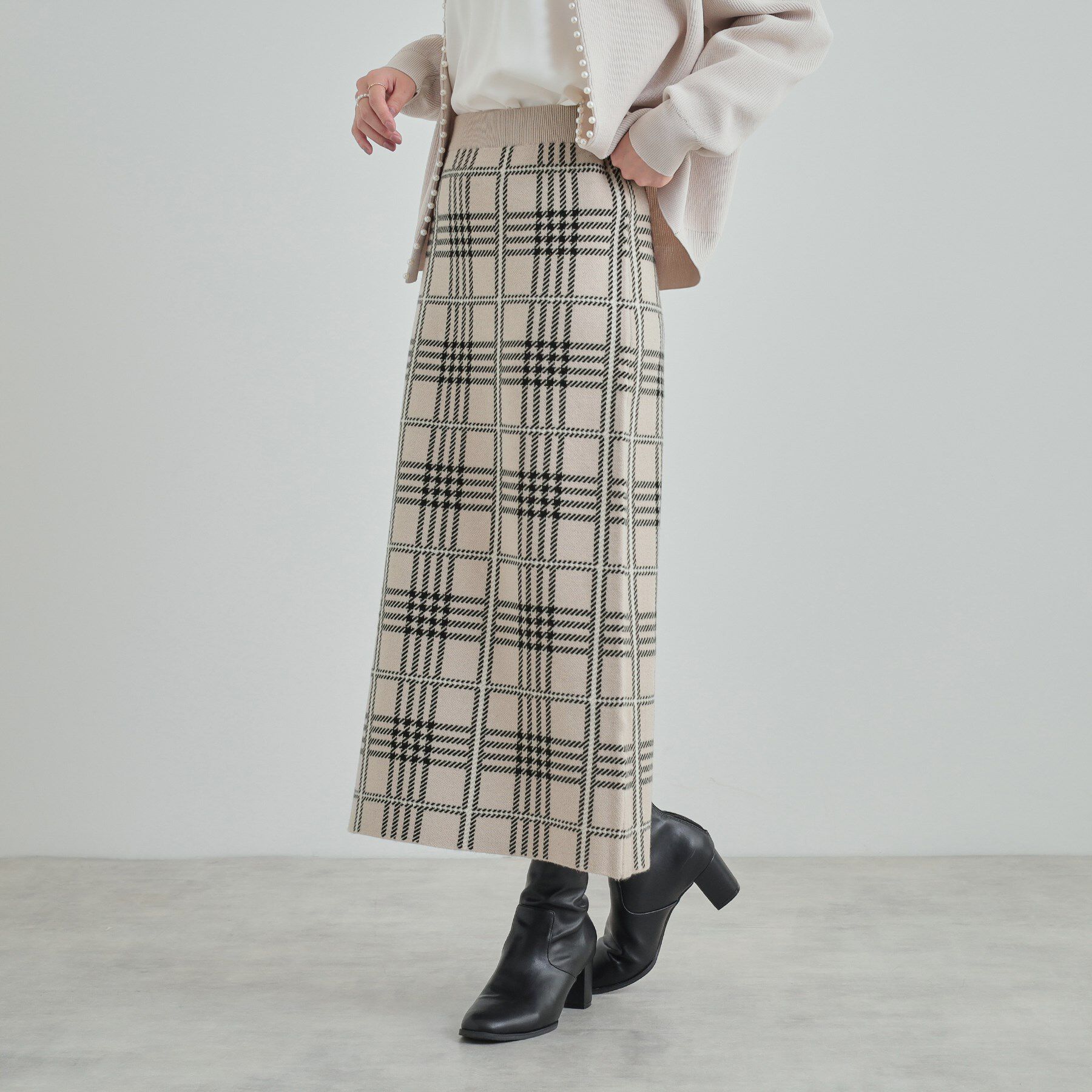 SHOO･LA･RUE「【高レビュー/洗える/セットアップ可】 着る度うっとり もちもちチェック柄ニットナロースカート」|スカート|