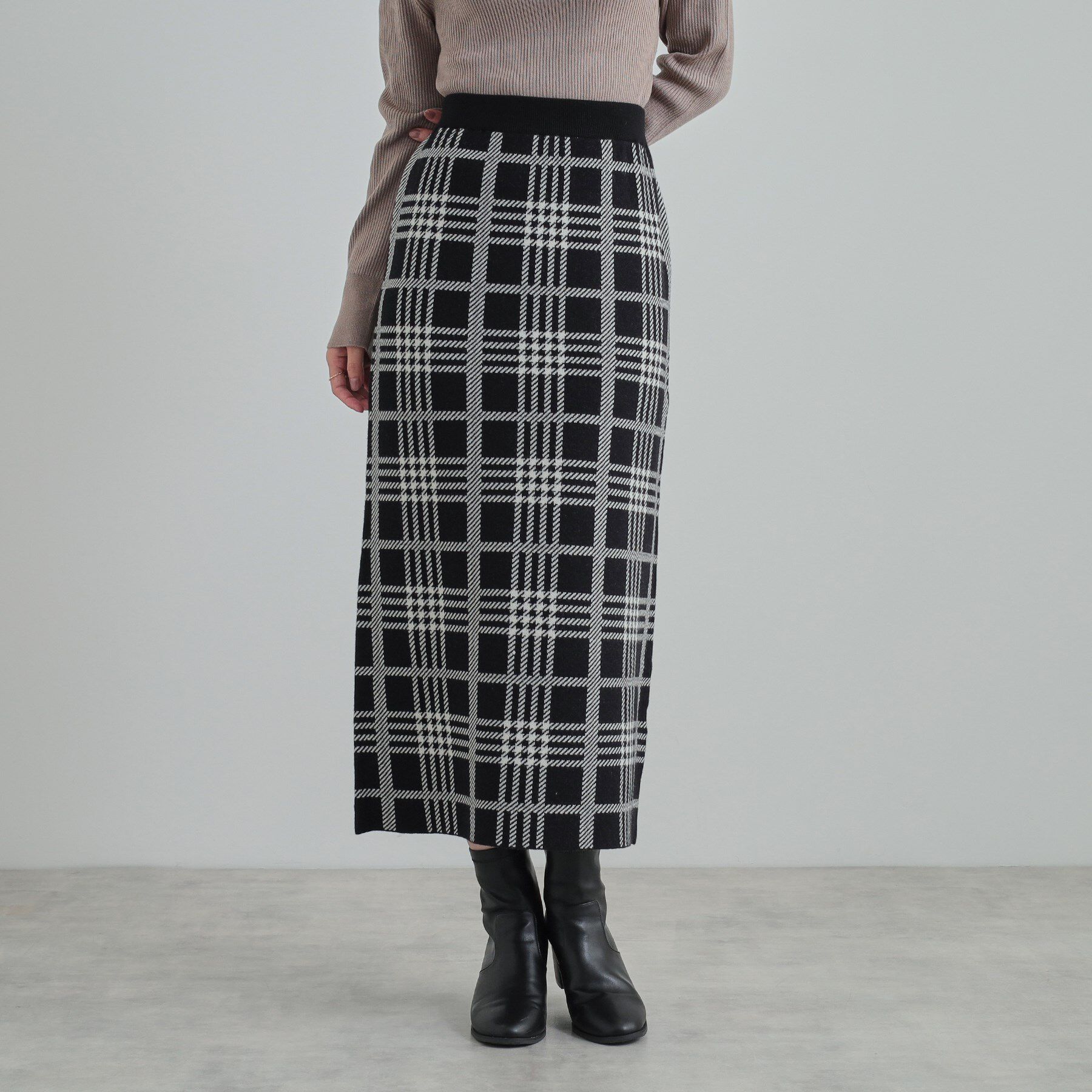 SHOO･LA･RUE「【高レビュー/洗える/セットアップ可】 着る度うっとり もちもちチェック柄ニットナロースカート」|スカート|