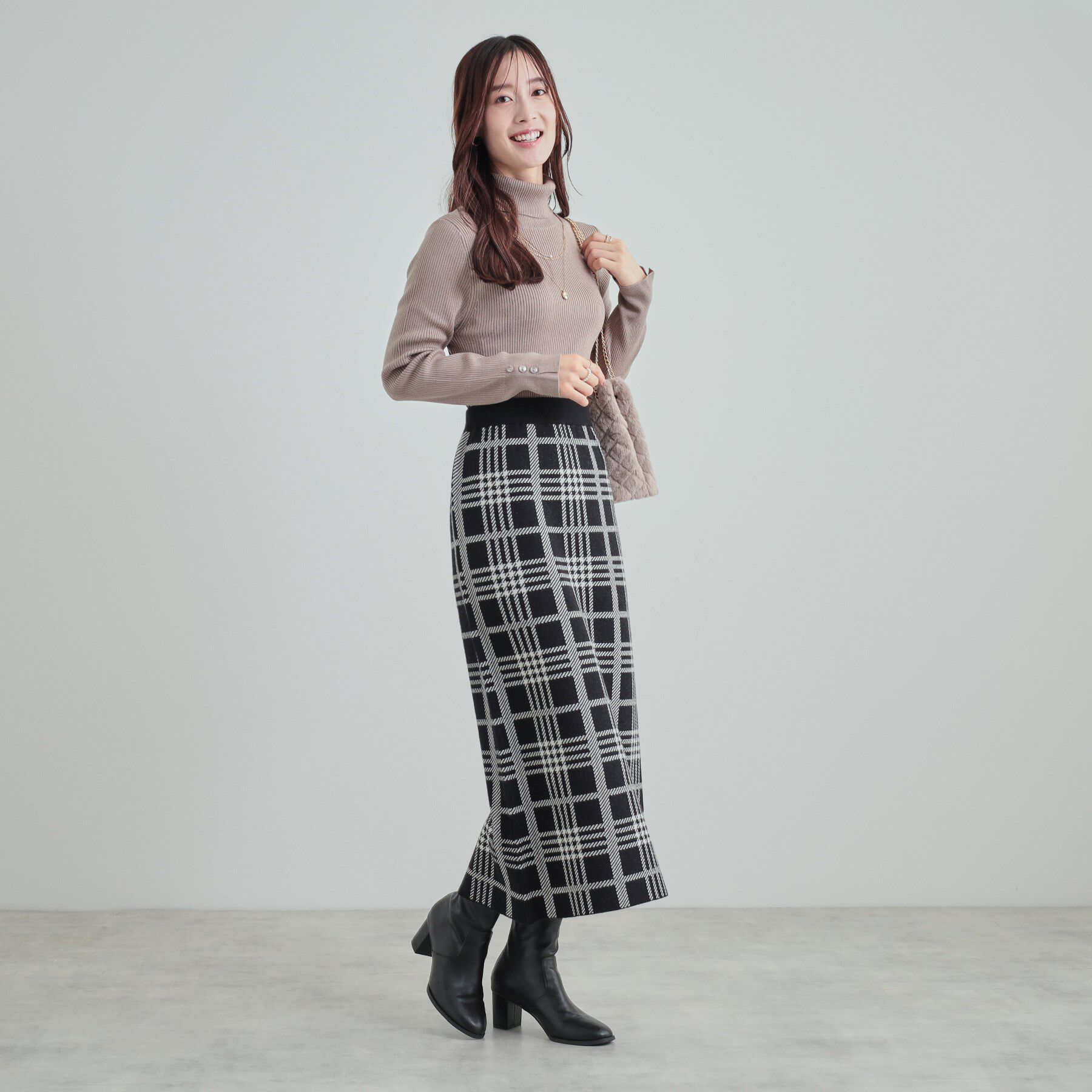 SHOO･LA･RUE「【高レビュー/洗える/セットアップ可】 着る度うっとり もちもちチェック柄ニットナロースカート」|スカート|