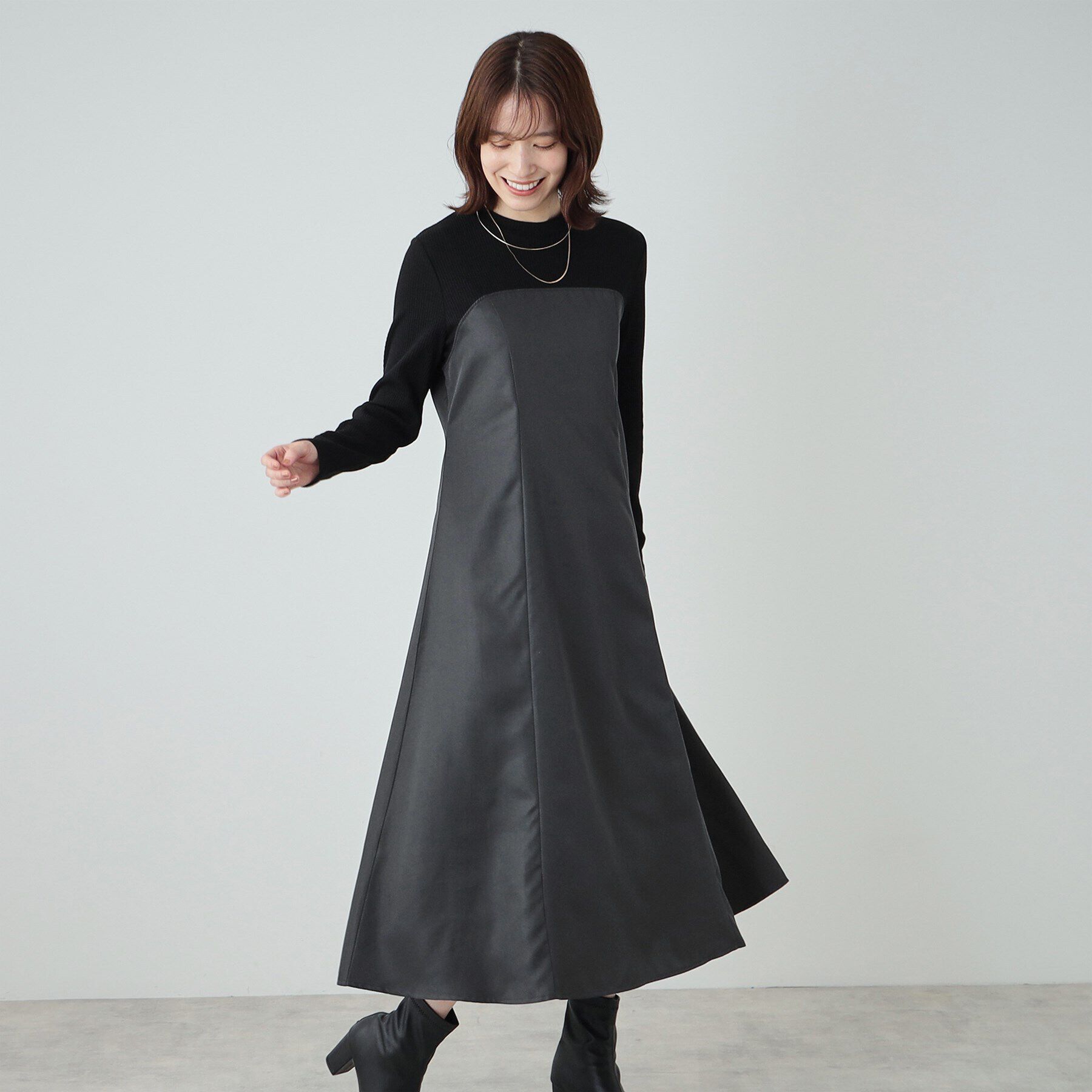 SHOO･LA･RUE「【S-LL】楽して好印象 大人のための 異素材ドッキングフレアワンピース」|ワンピース|